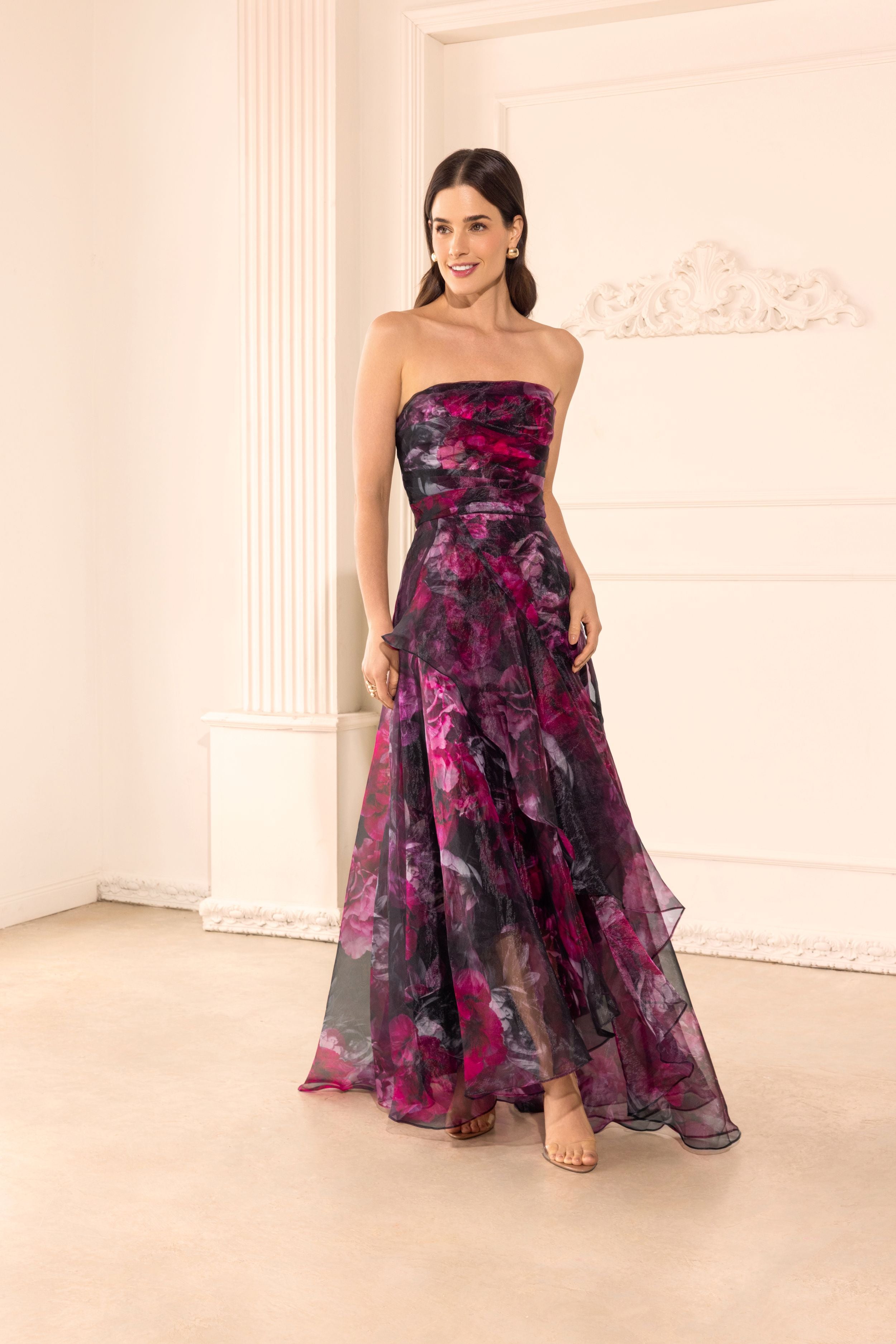 "Klara" Printed Organza Strapless Dress