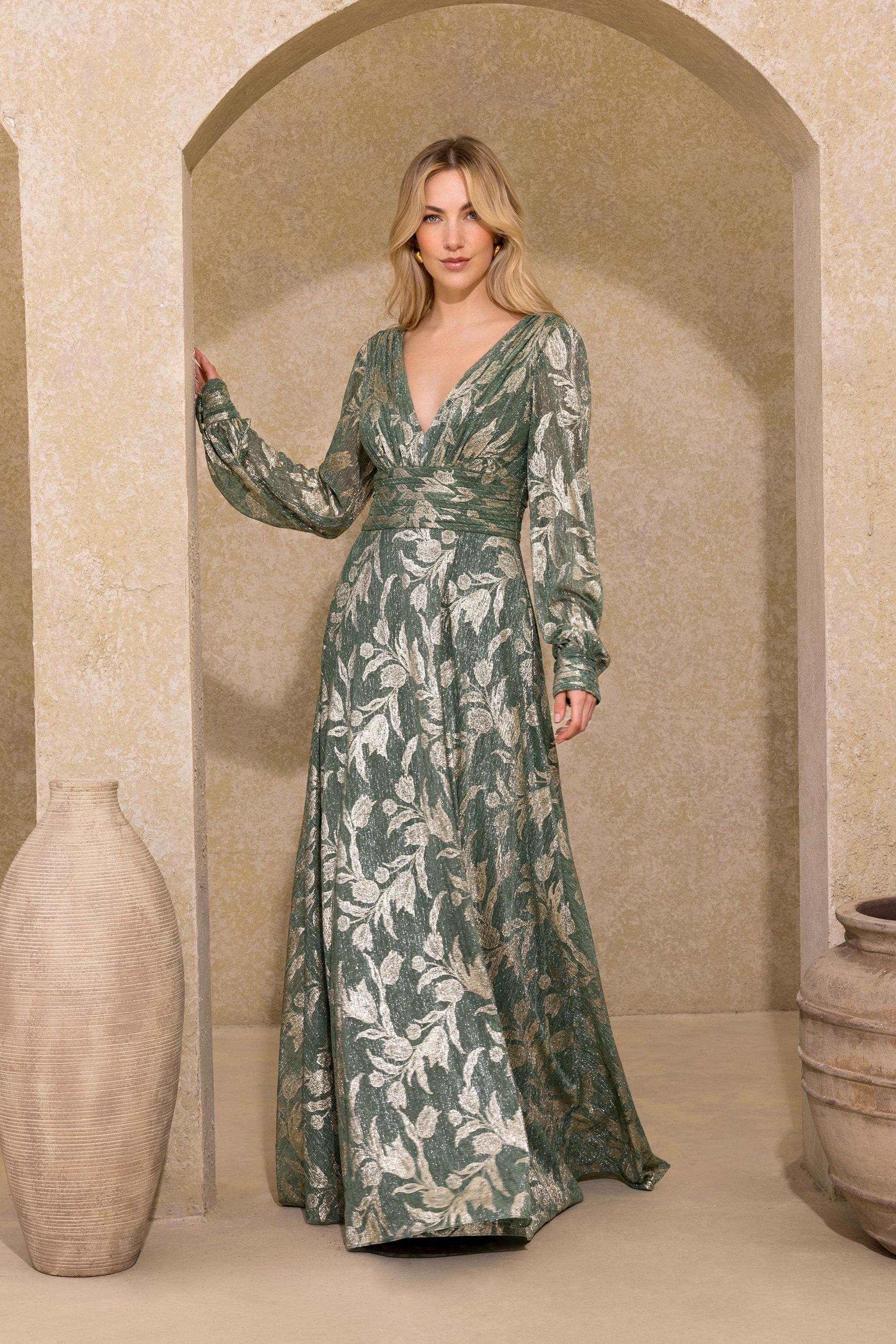 Molly” Metallic Long Sleeve V-Neck Dress | Betsy & Adam