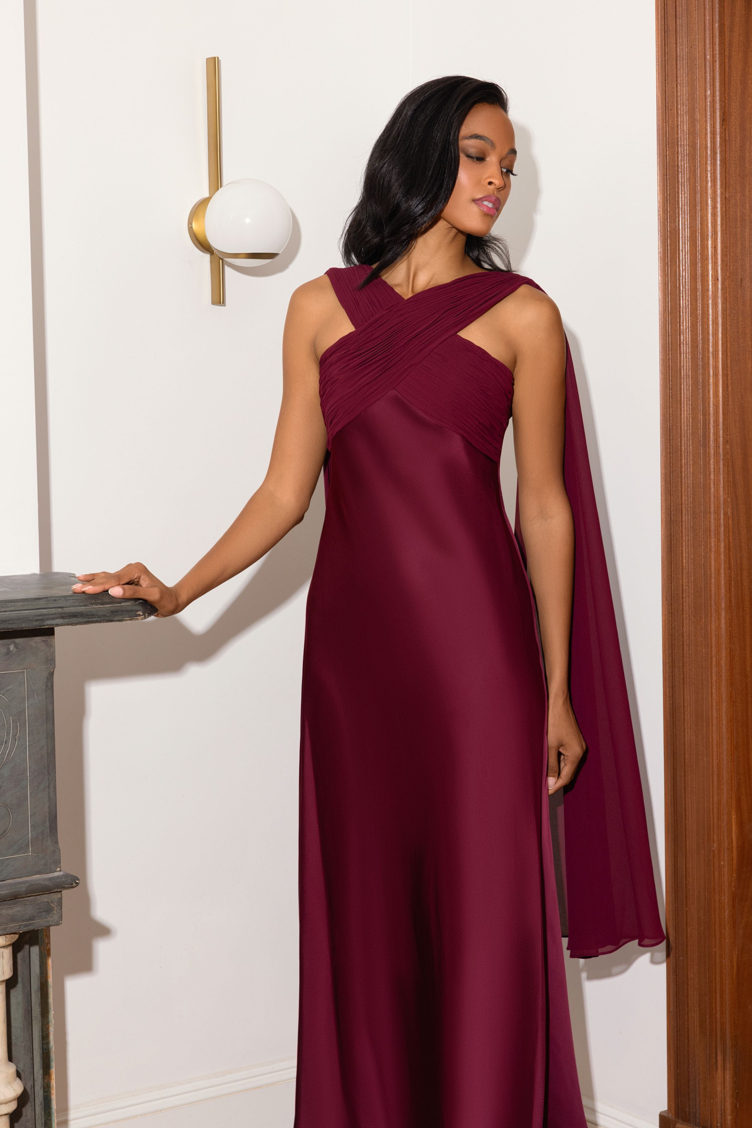 Petite "Amelia" Satin & Chiffon Scarf Halter Dress
