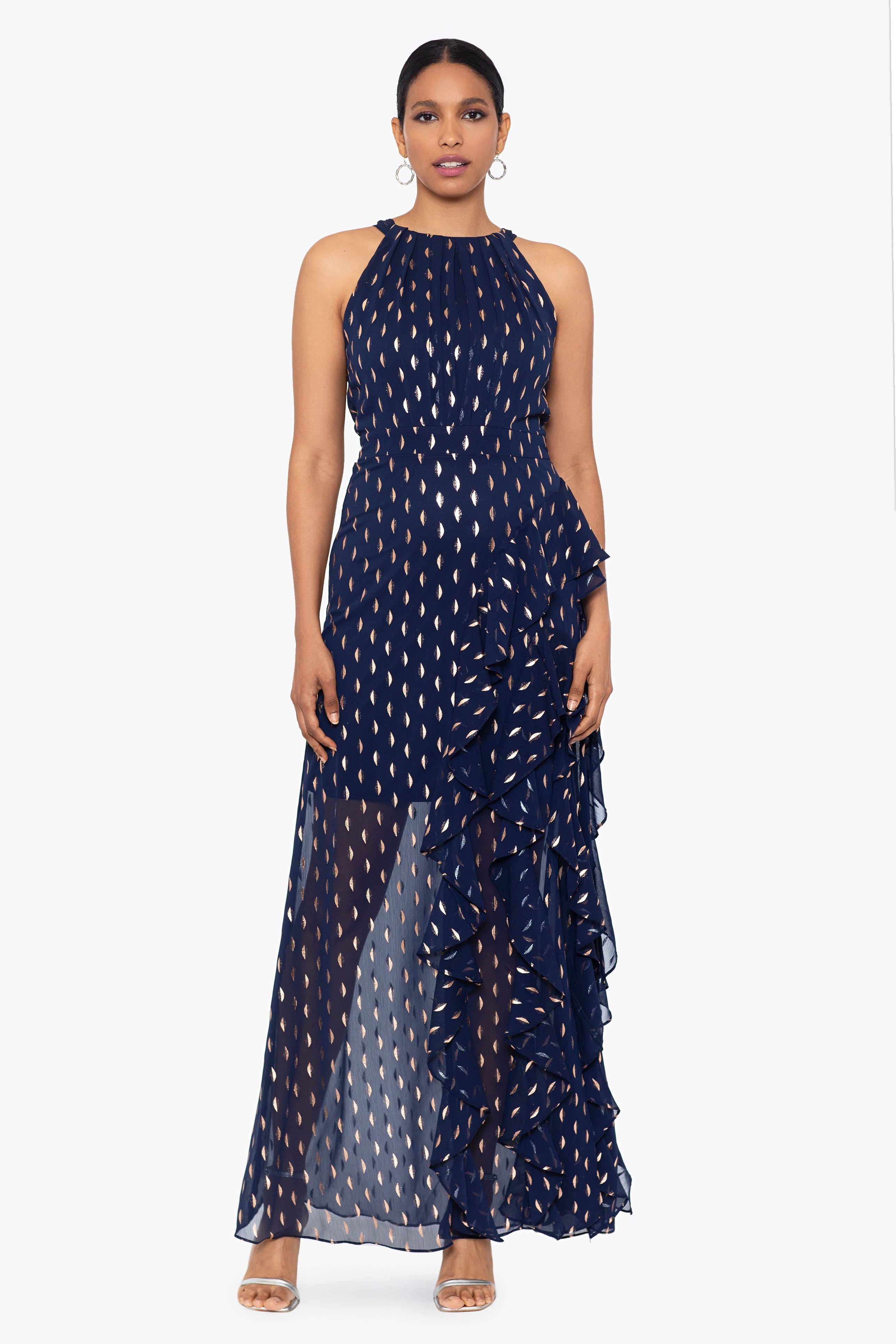 "Karina" Long Chiffon Foil Ruffle Tie Neck Dress