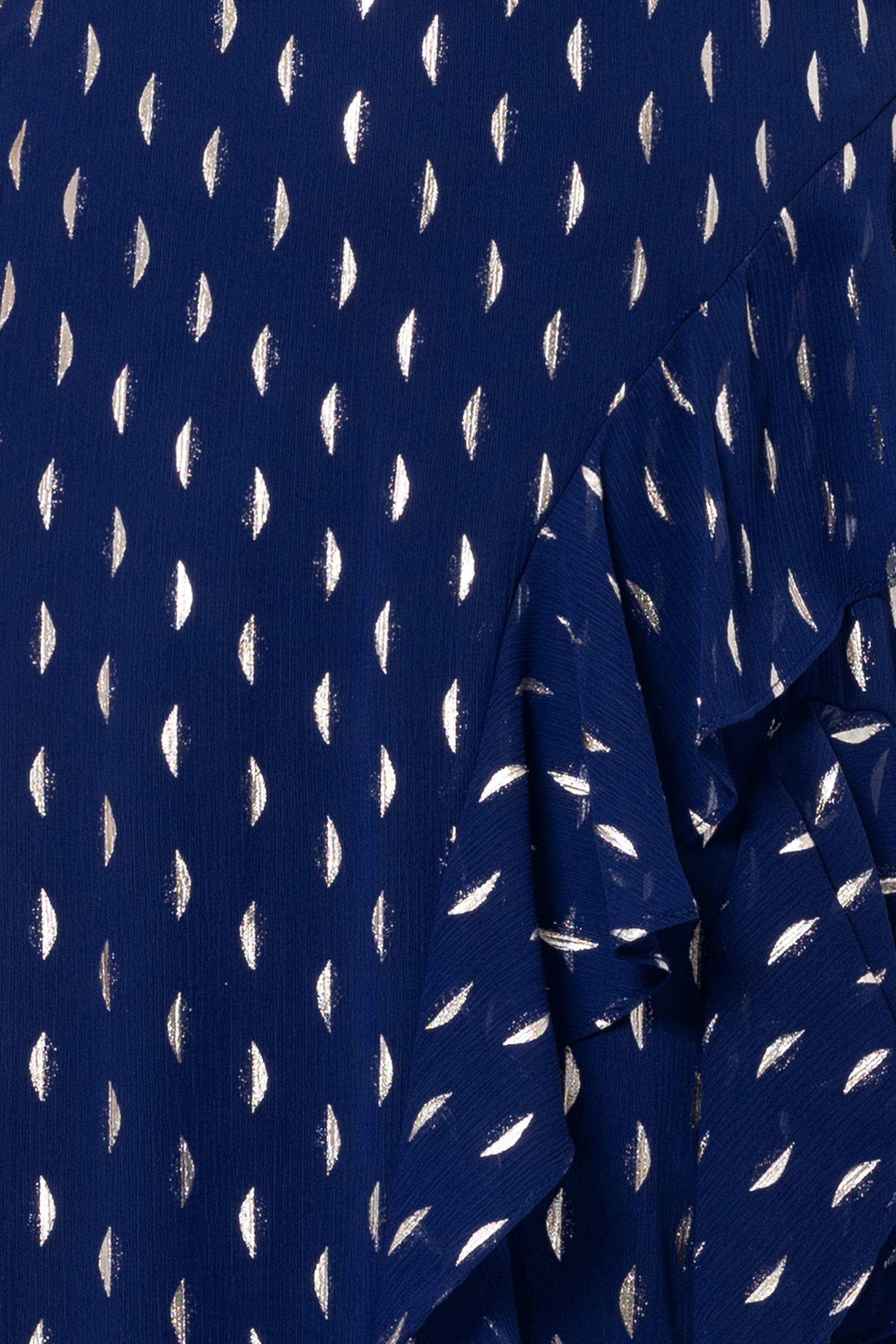 Light Navy/Gold “Karina” Chiffon Foil Ruffle Tie Neck Dress, metallic foil chiffon fabric detail