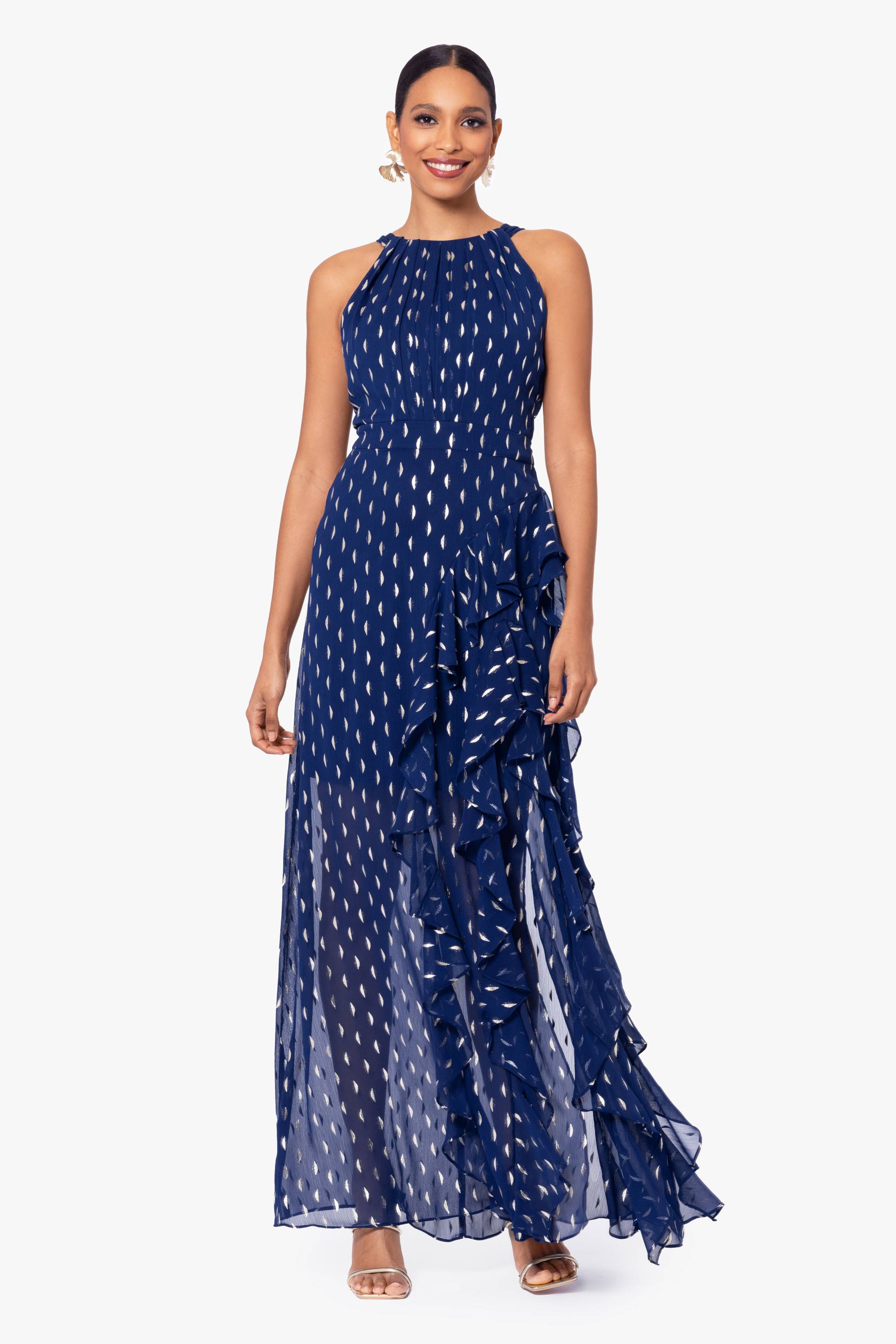 Petite Karina Chiffon Foil Ruffle Tie Neck Long Dress Light Navy/Gold / 10p