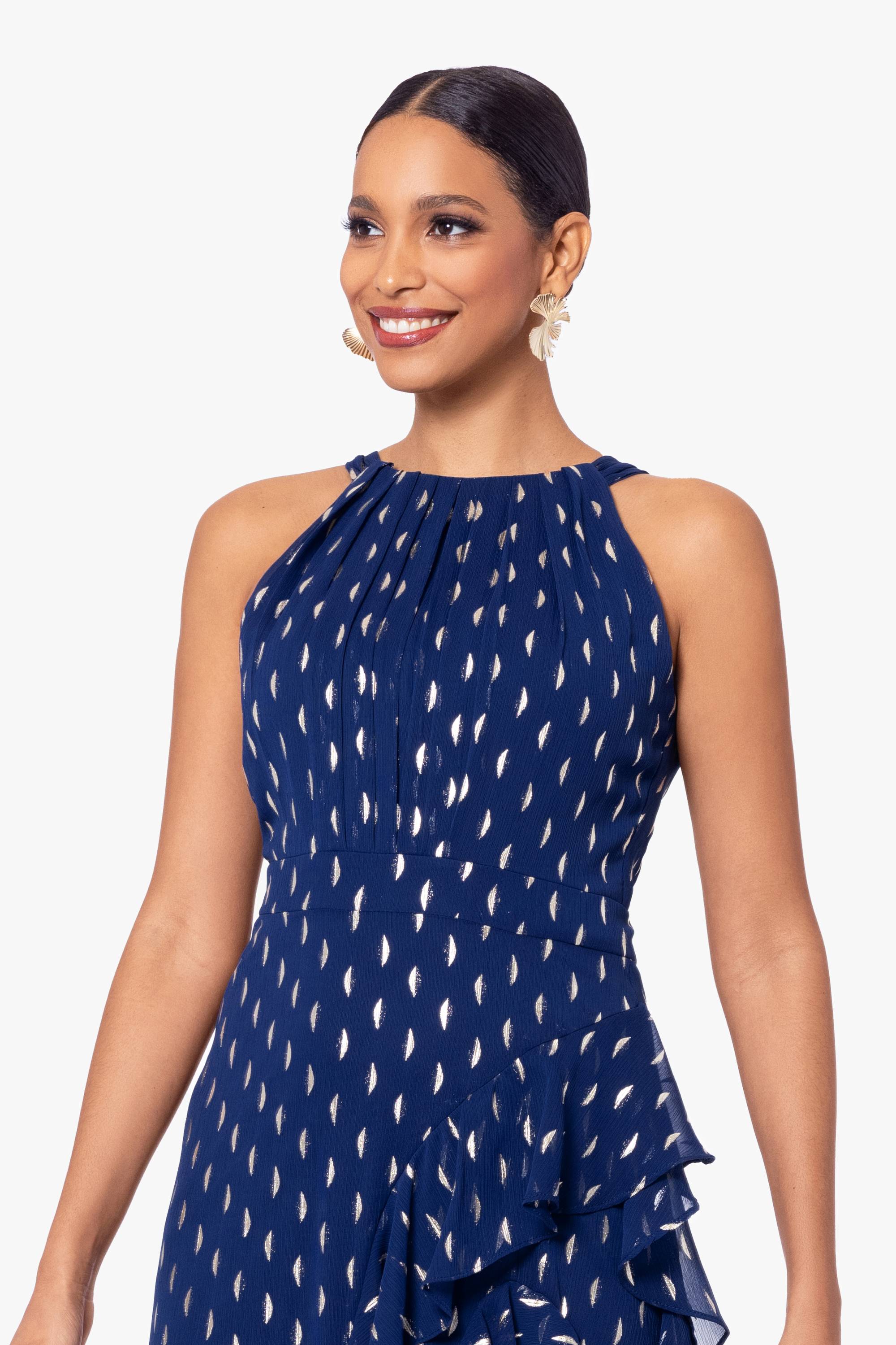 "Karina" Long Chiffon Foil Ruffle Tie Neck Dress