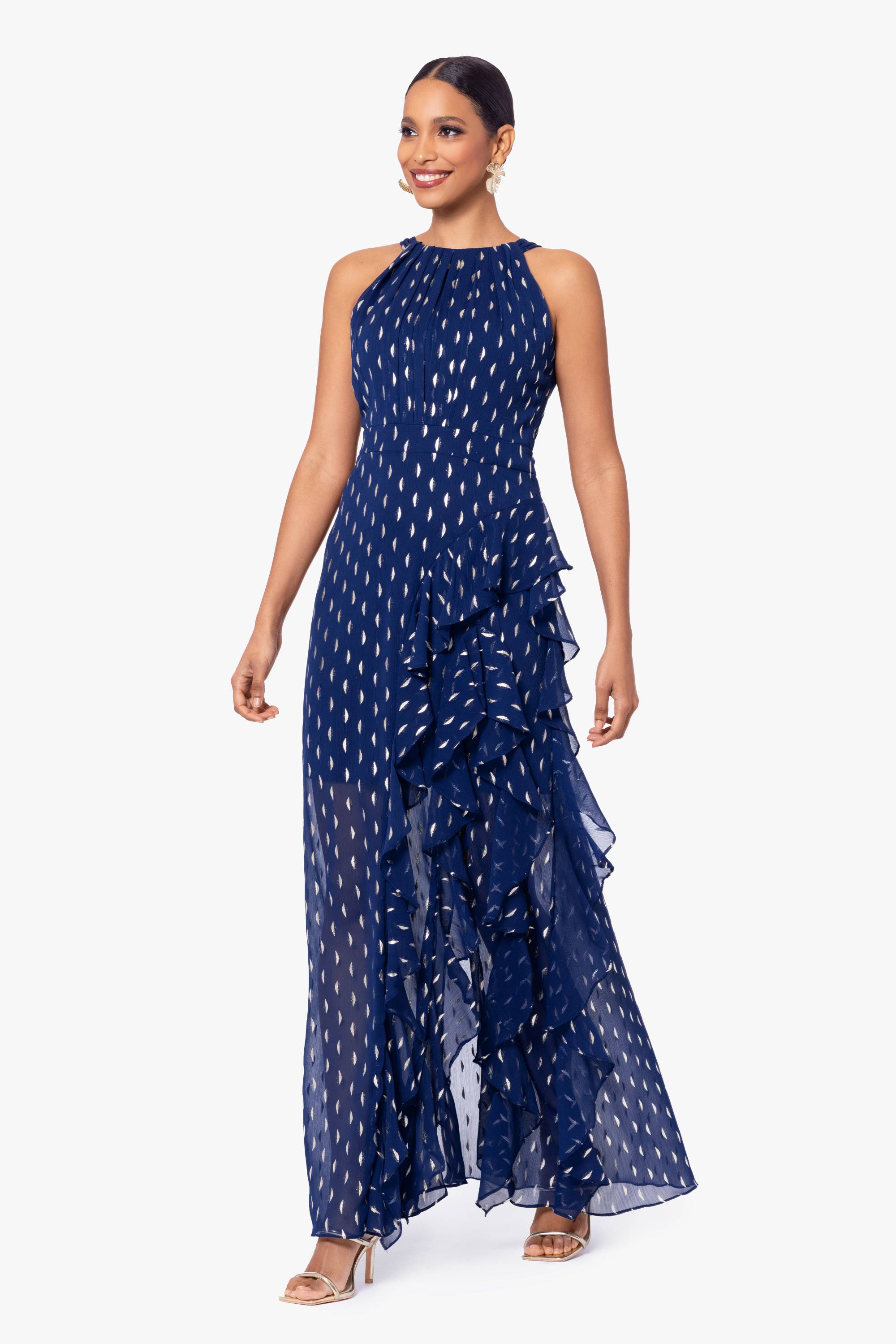 "Karina" Long Chiffon Foil Ruffle Tie Neck Dress