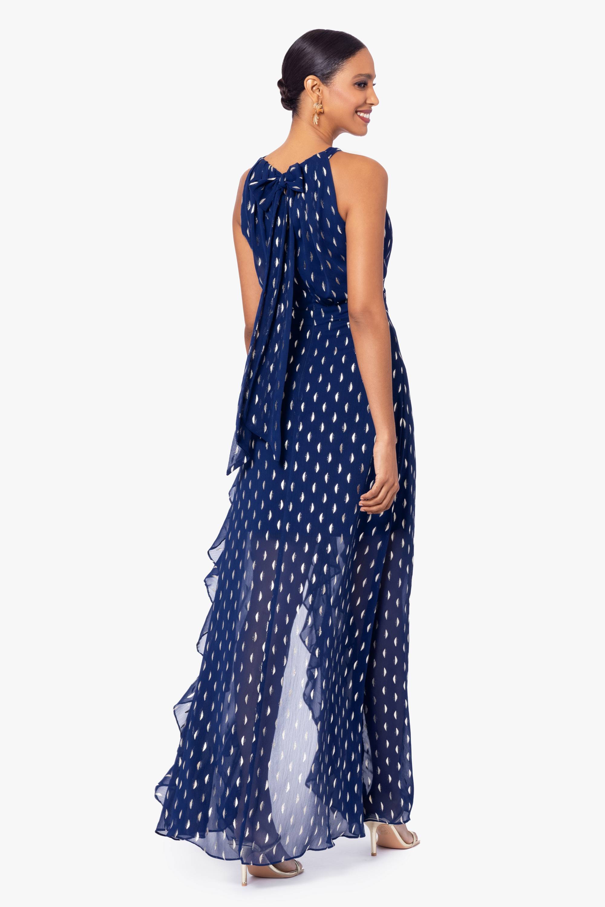 "Karina" Long Chiffon Foil Ruffle Tie Neck Dress