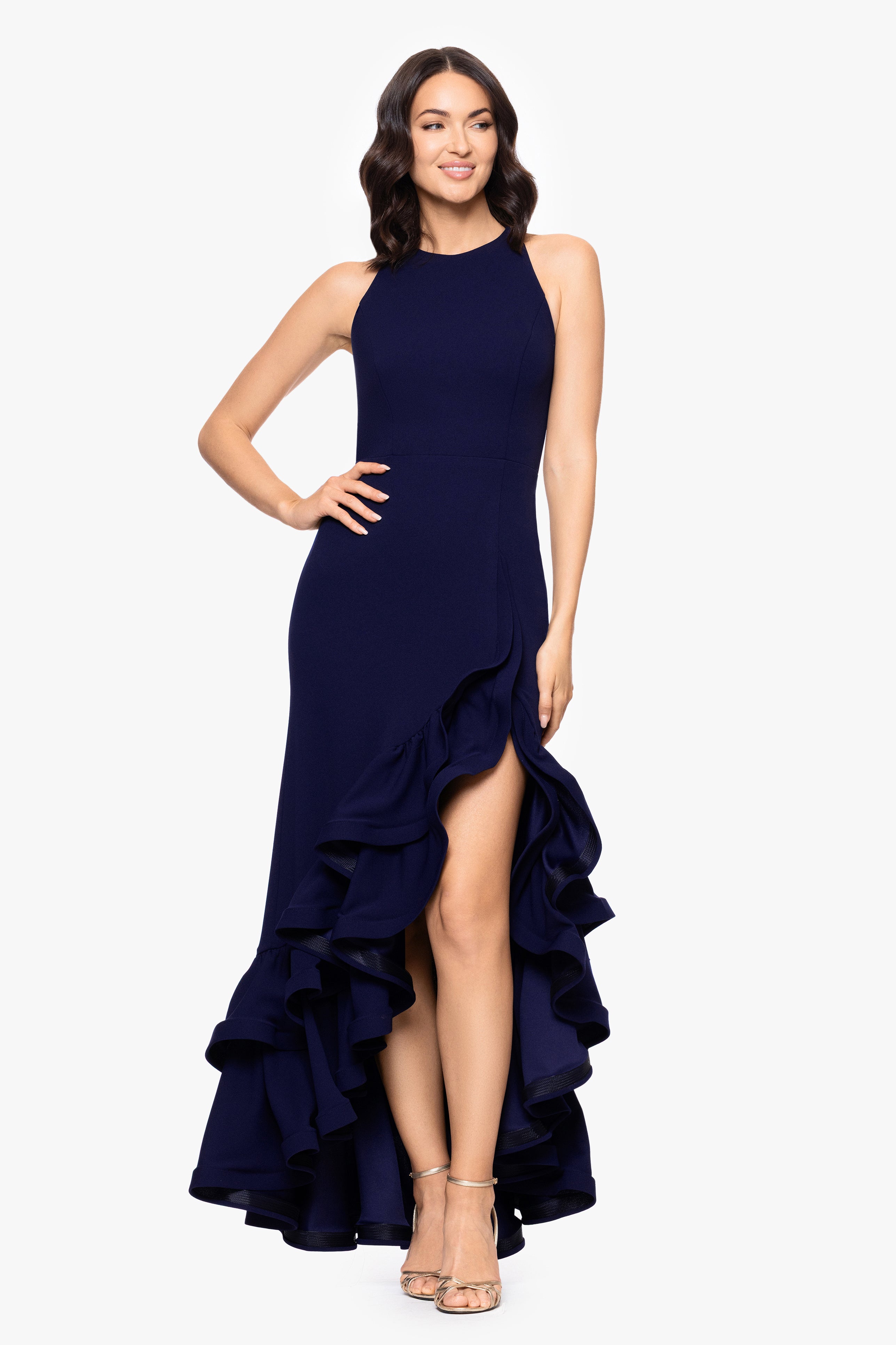 "Arielle" Scuba Crepe Ruffle Slit Gown