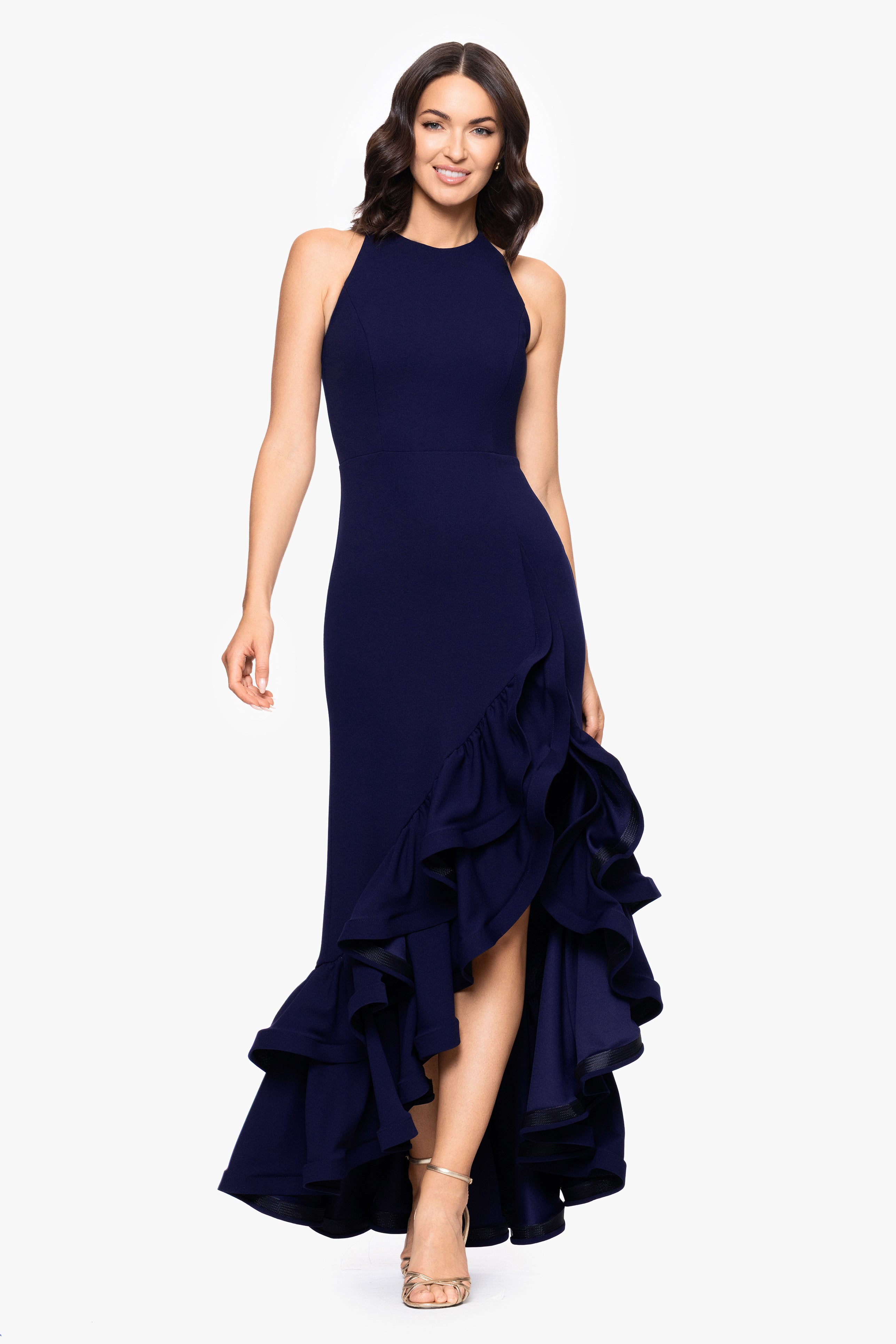 "Arielle" Scuba Crepe Ruffle Slit Gown