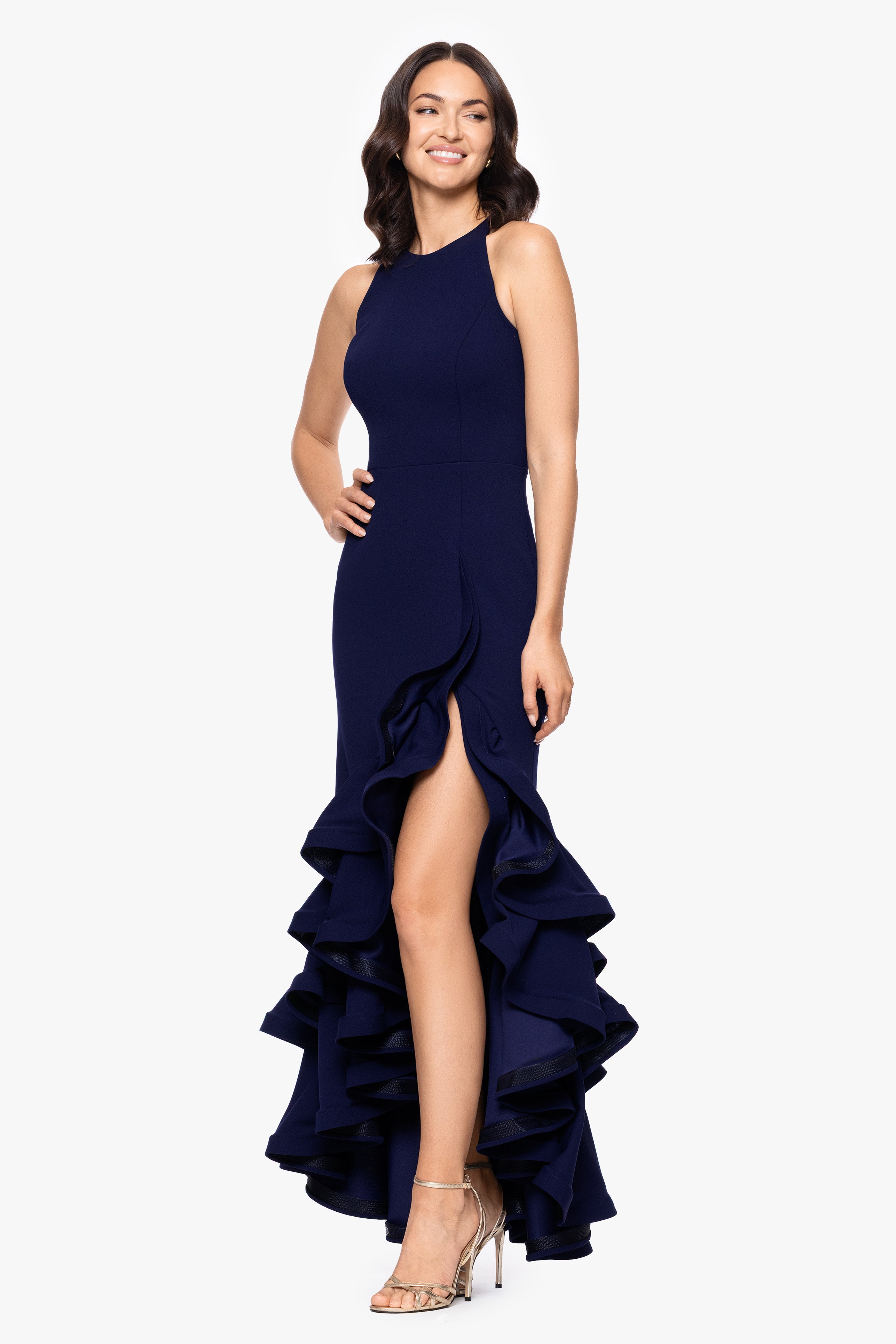 "Arielle" Scuba Crepe Ruffle Slit Gown