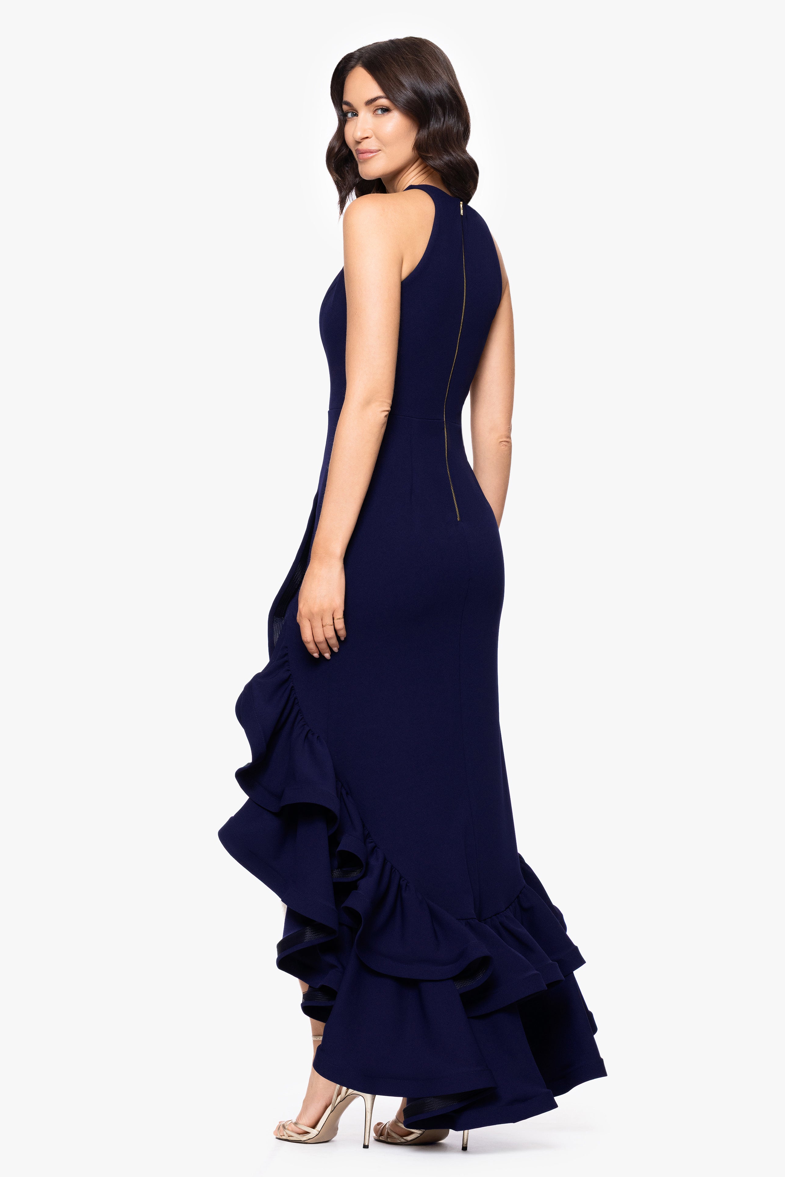 "Arielle" Scuba Crepe Ruffle Slit Gown