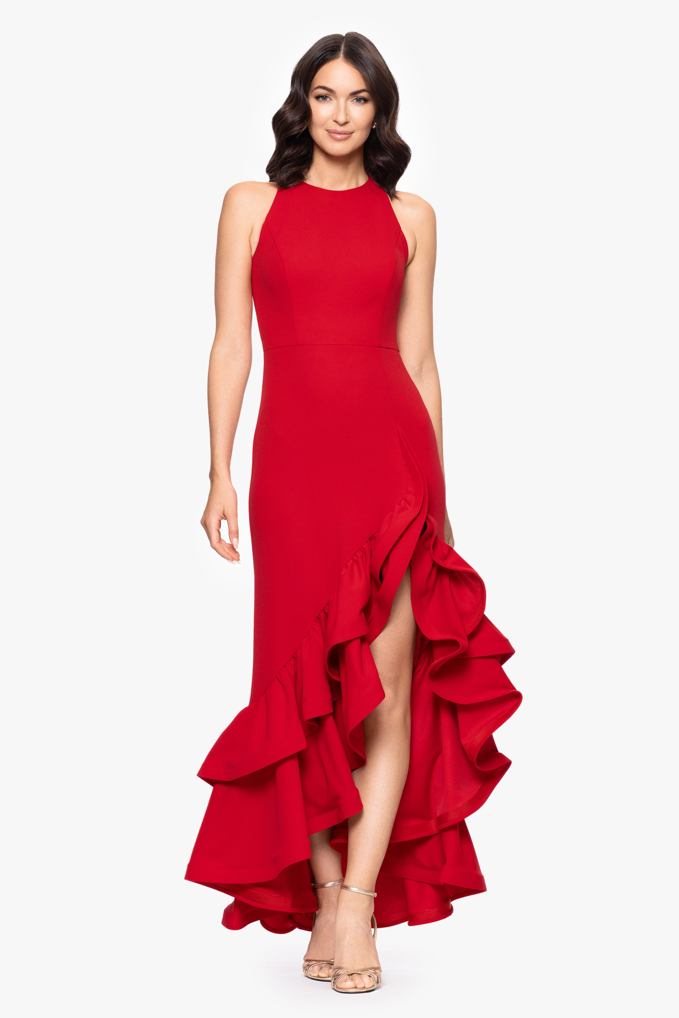 "Arielle" Scuba Crepe Ruffle Slit Gown