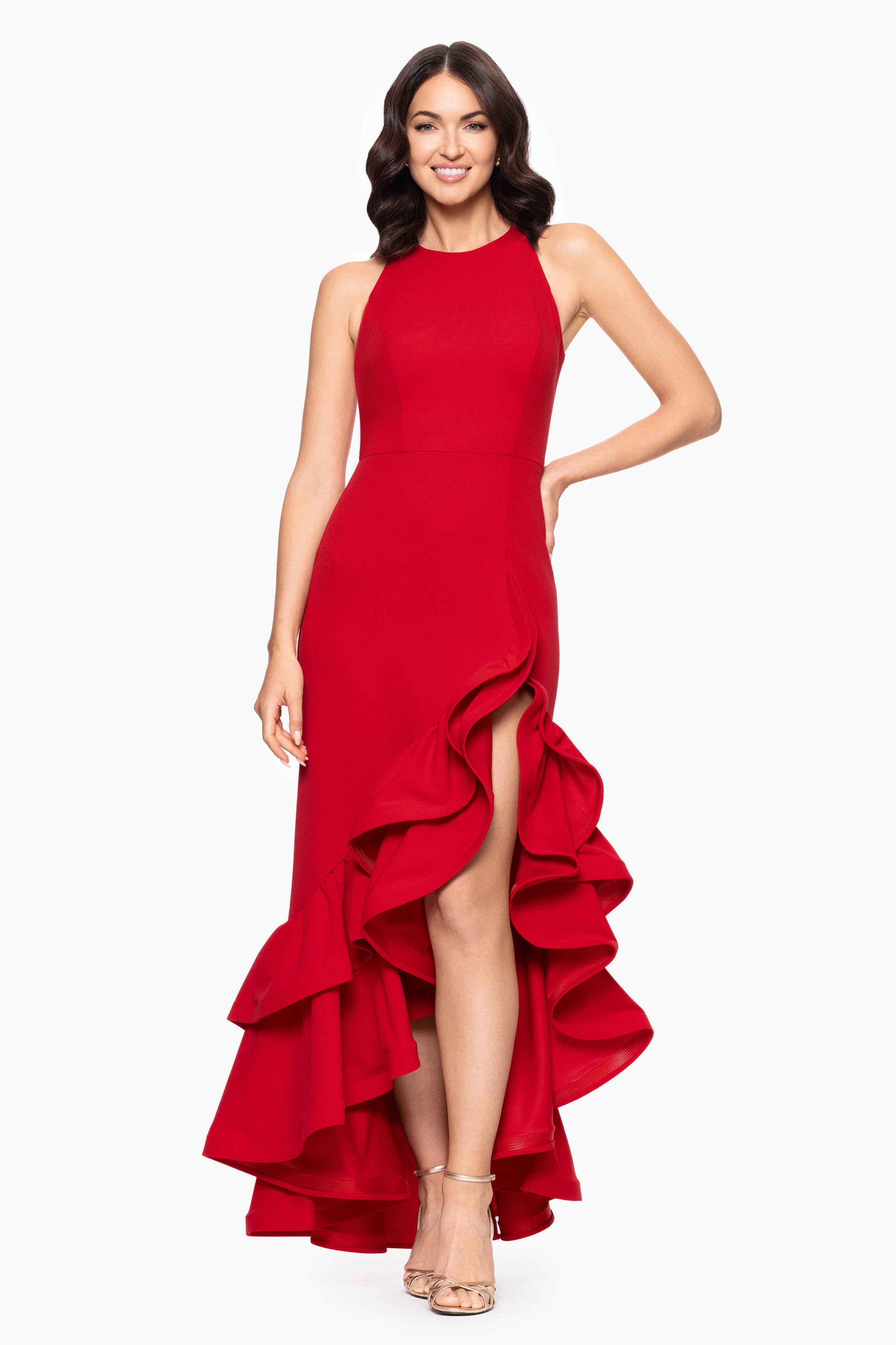"Arielle" Scuba Crepe Ruffle Slit Gown
