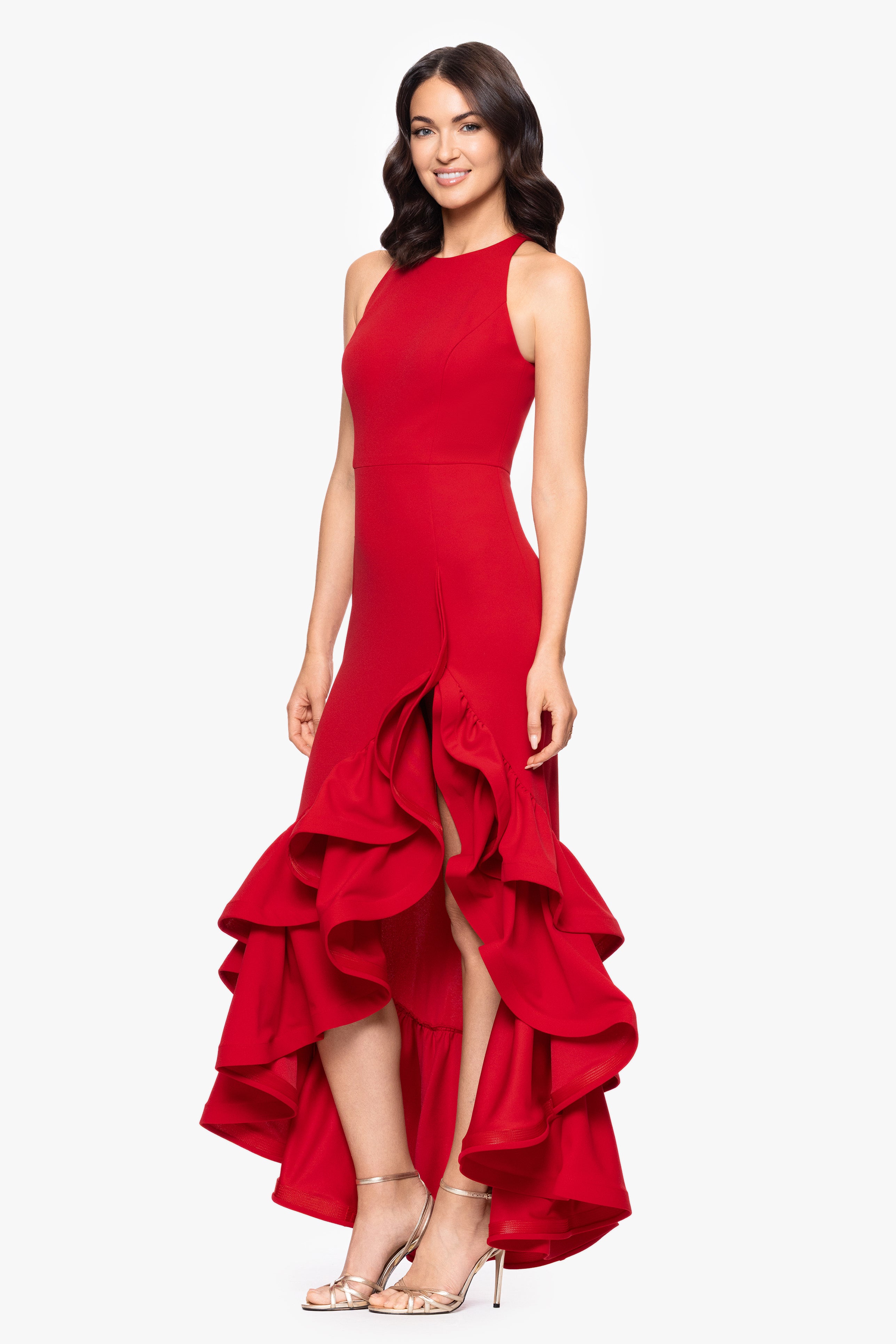 "Arielle" Scuba Crepe Ruffle Slit Gown