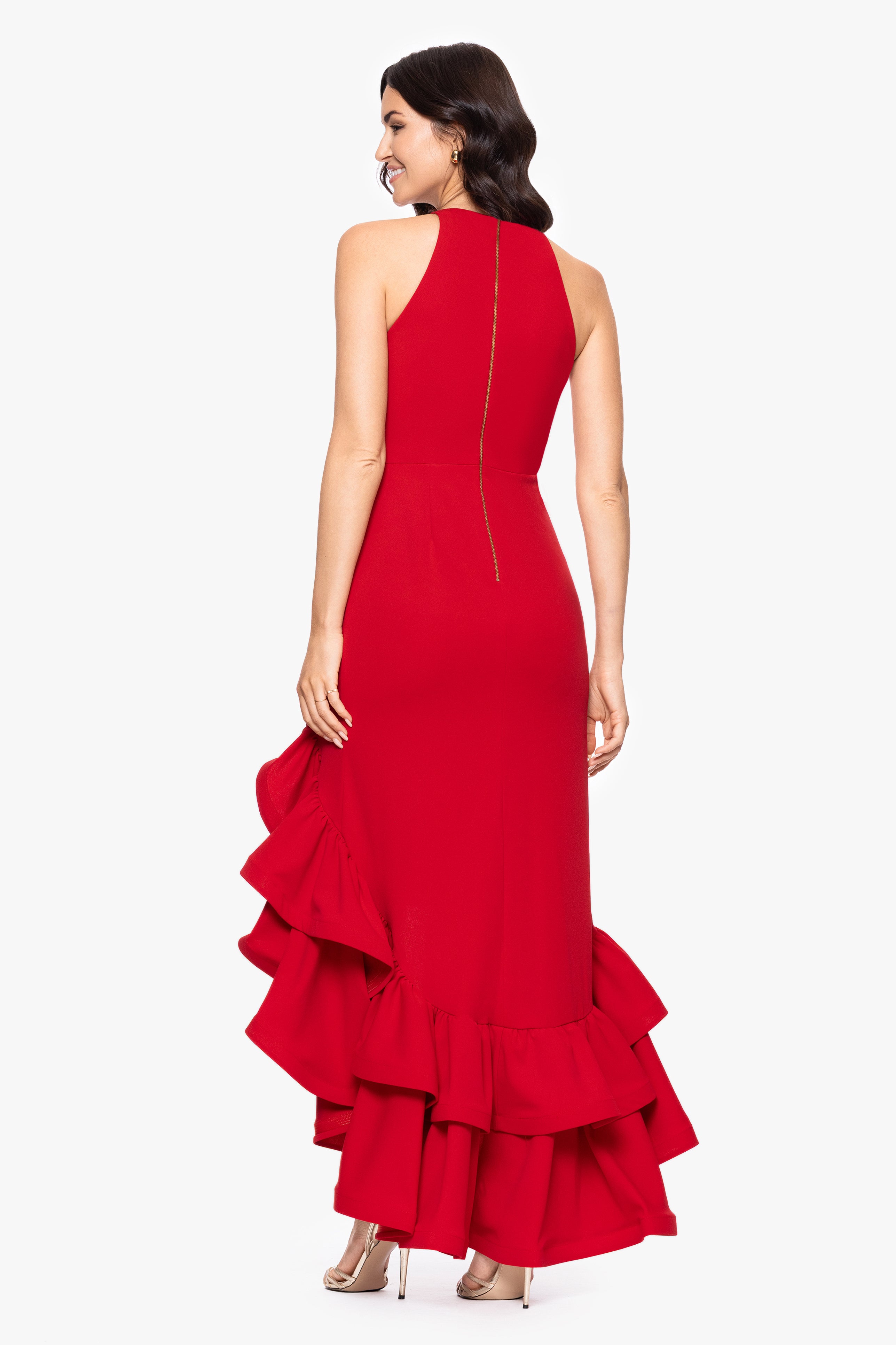"Arielle" Scuba Crepe Ruffle Slit Gown