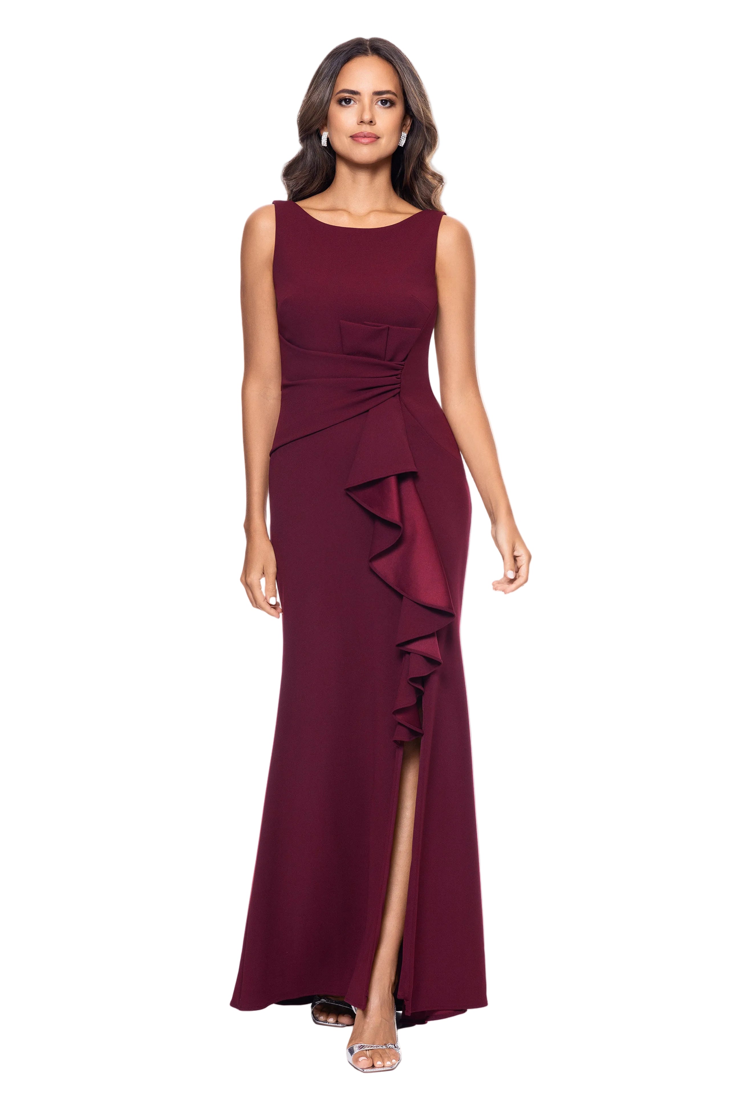 "Christine" Scuba Crepe Ruffled Bow Gown
