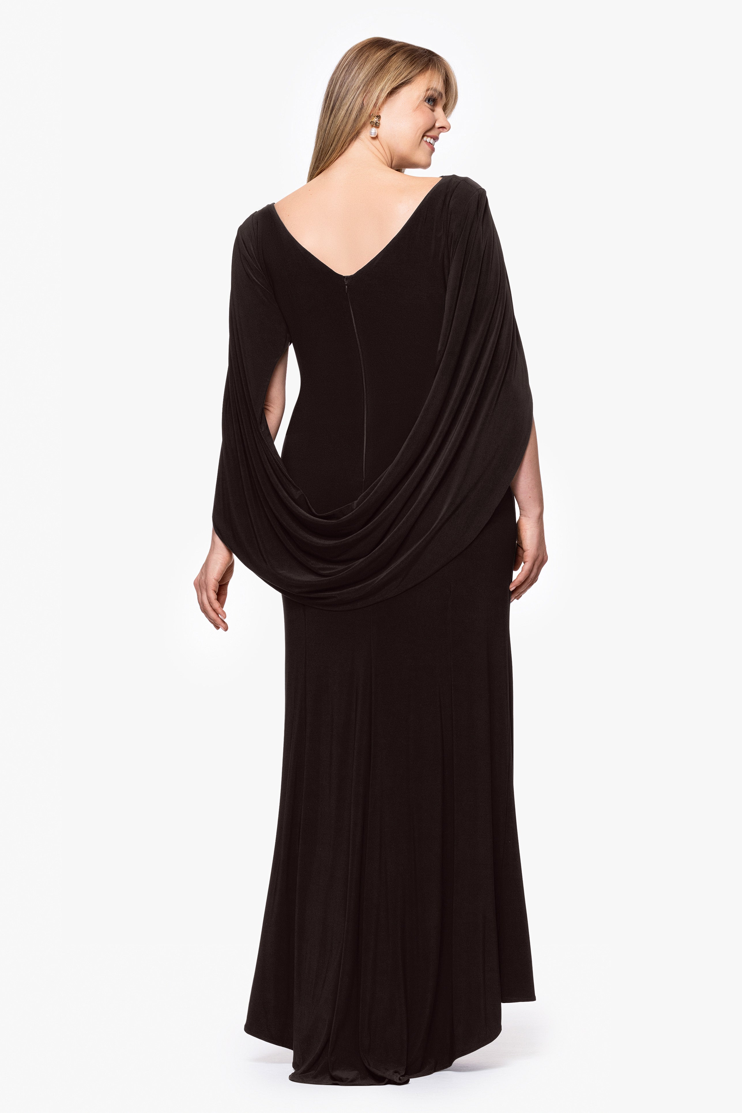 Plus “Miriam” Jersey Knit Draped Back Dress