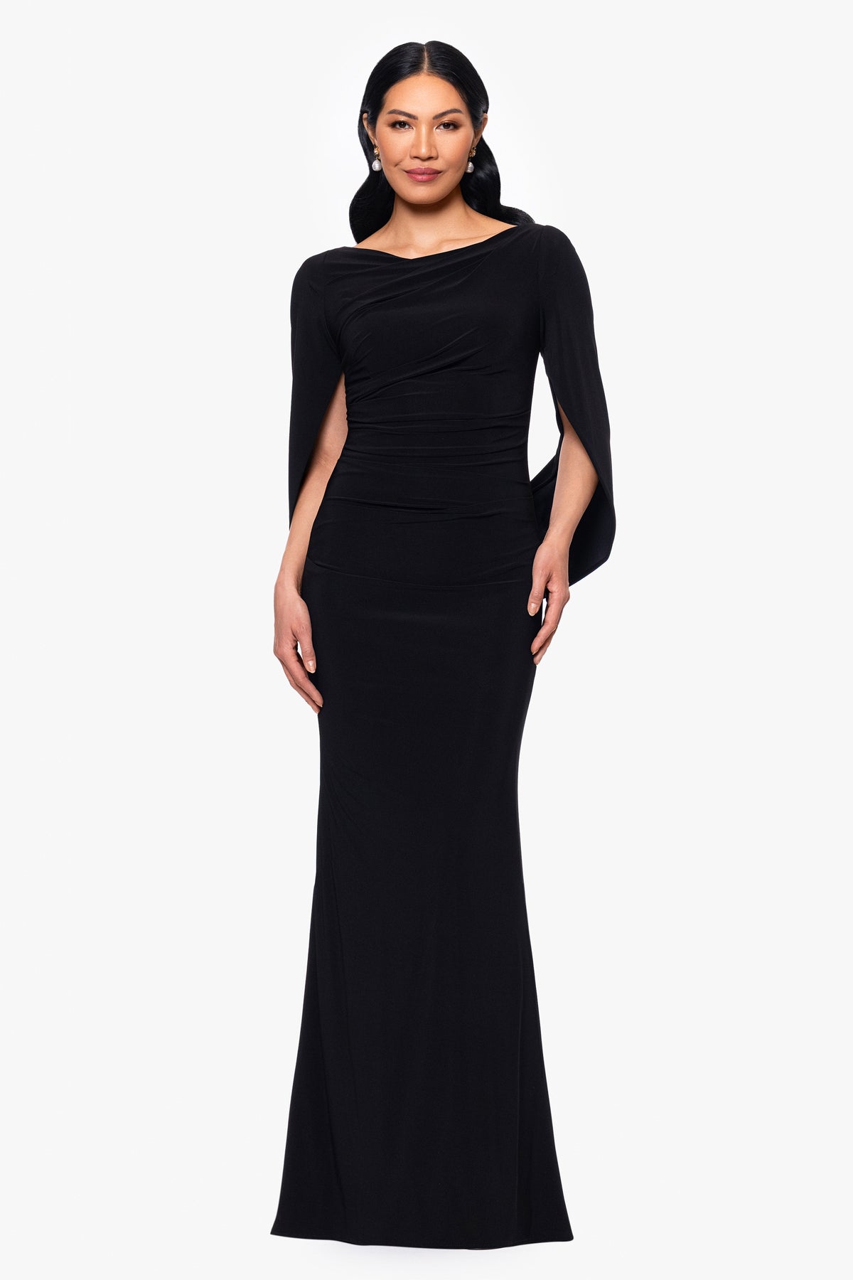 Petite “Miriam” Jersey Knit Draped Back Dress