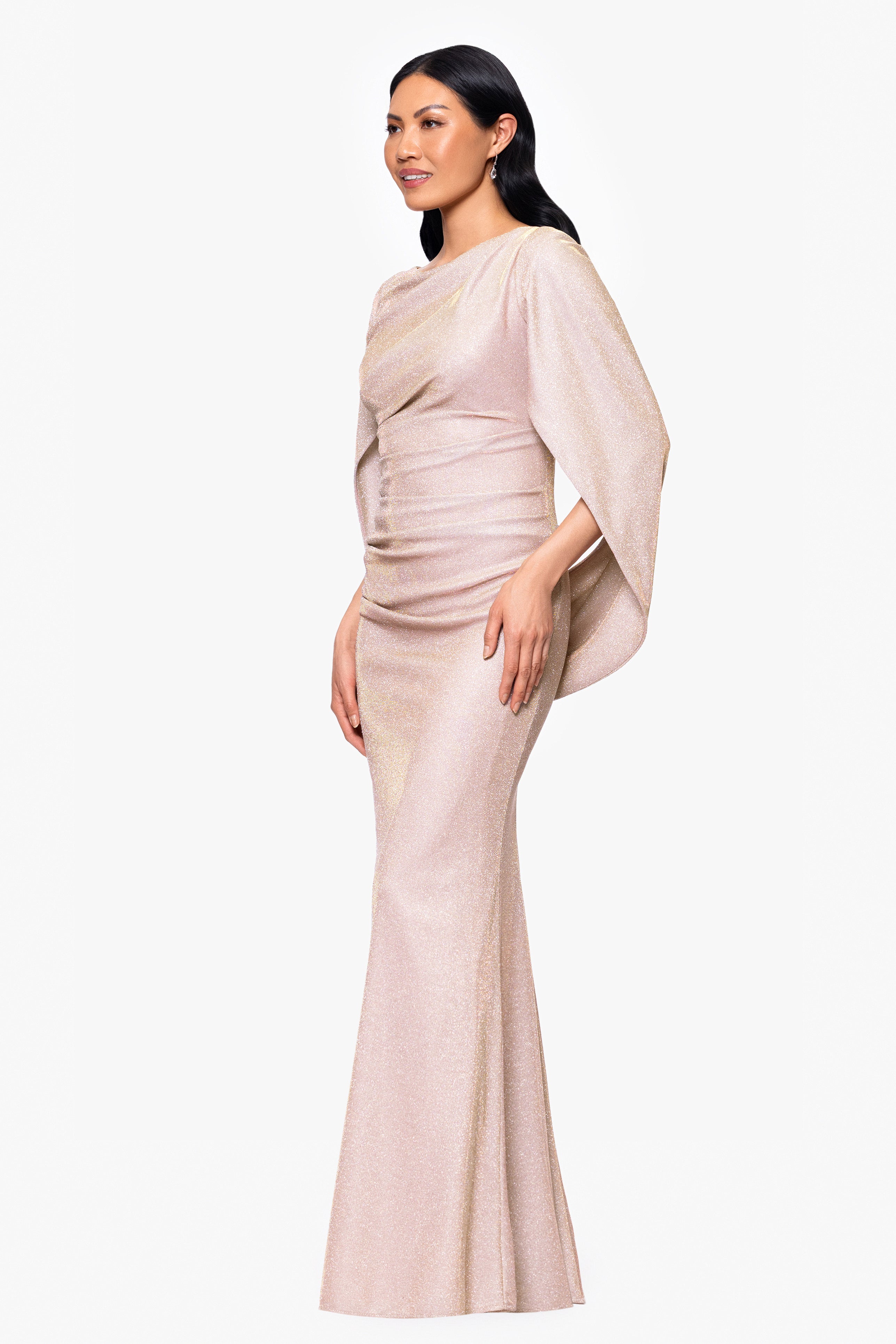 Petite "Gracie" Galaxy Knit Glitter Draped Gown