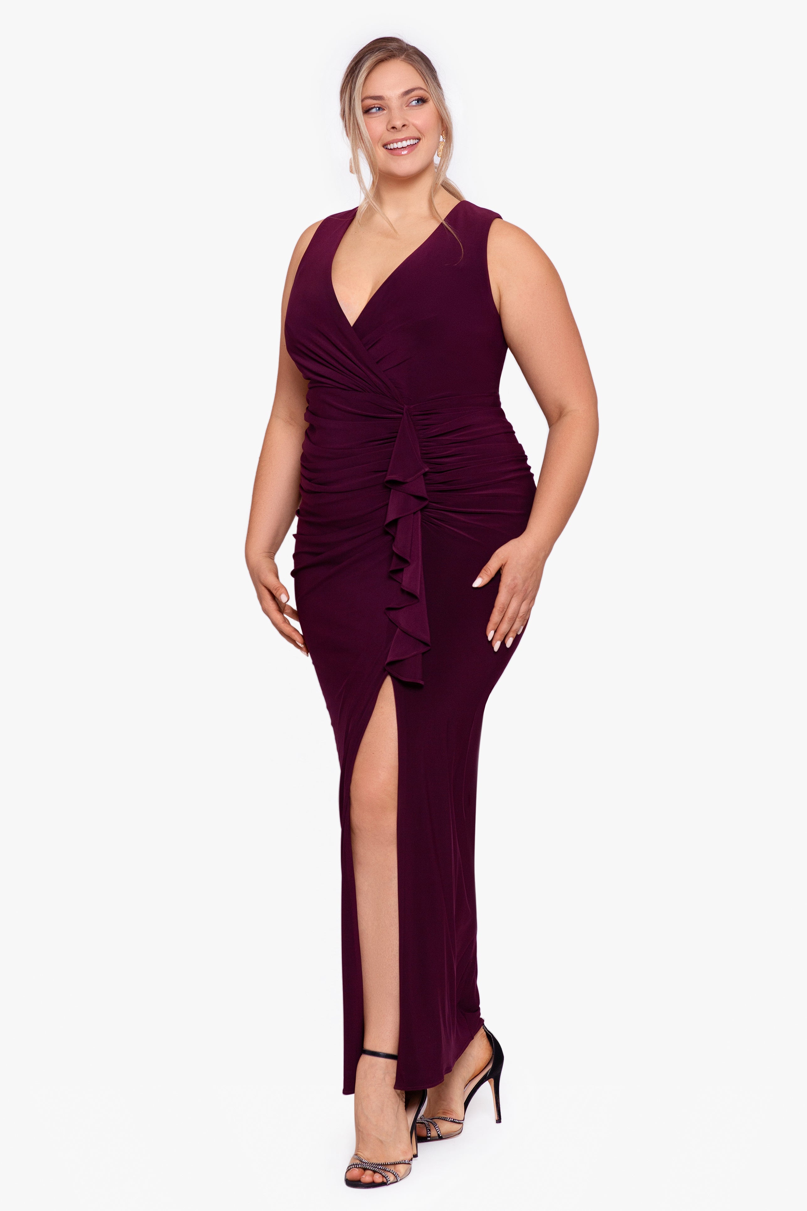 Plus "Bobbi" Long Ruffled V-Neck Gown