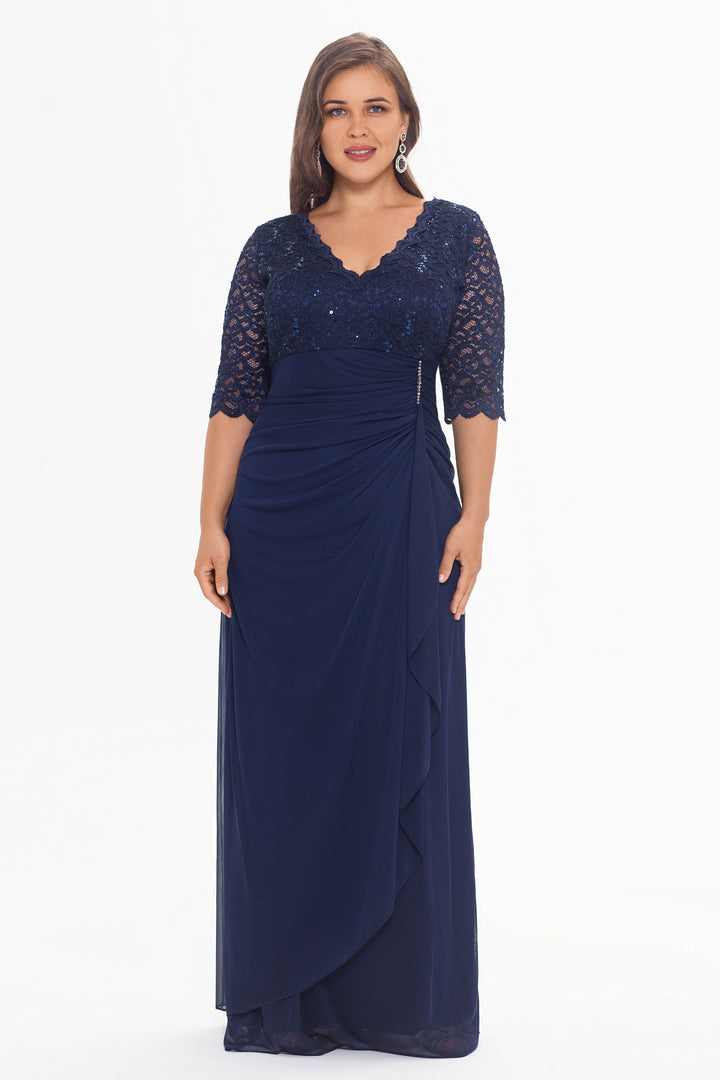 Plus "Johanna" 3/4 Sleeve Sheer Matte Jersey Long Dress