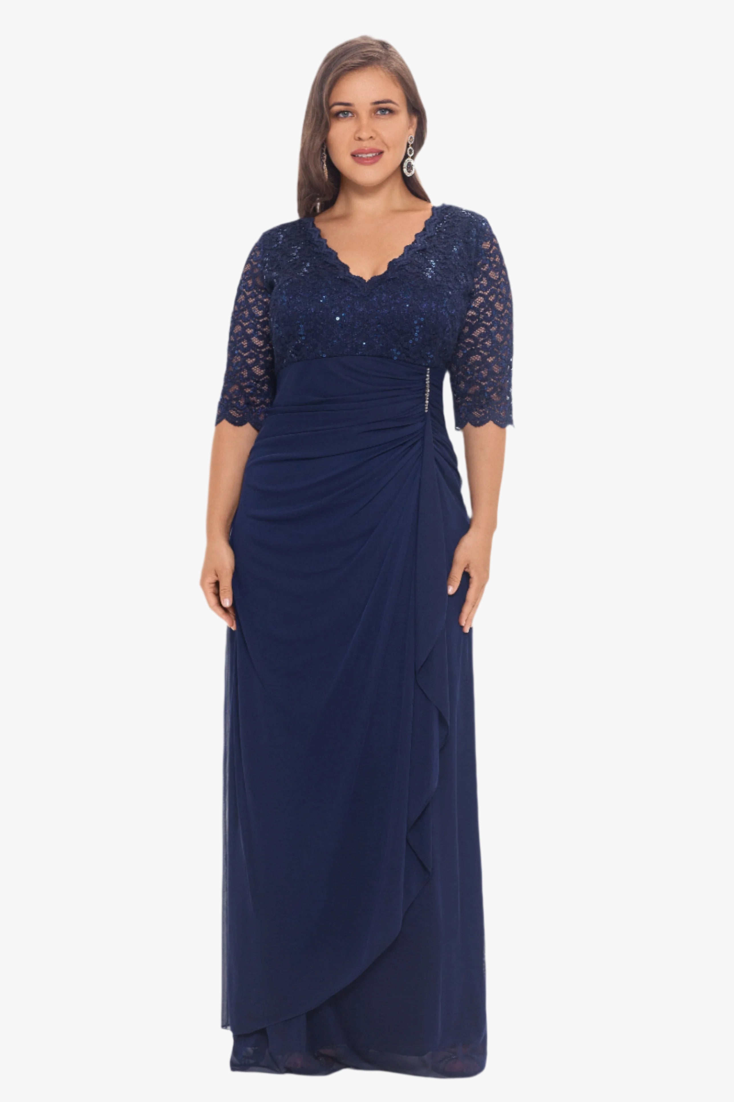 Plus "Johanna" 3/4 Sleeve Sheer Matte Jersey Long Dress