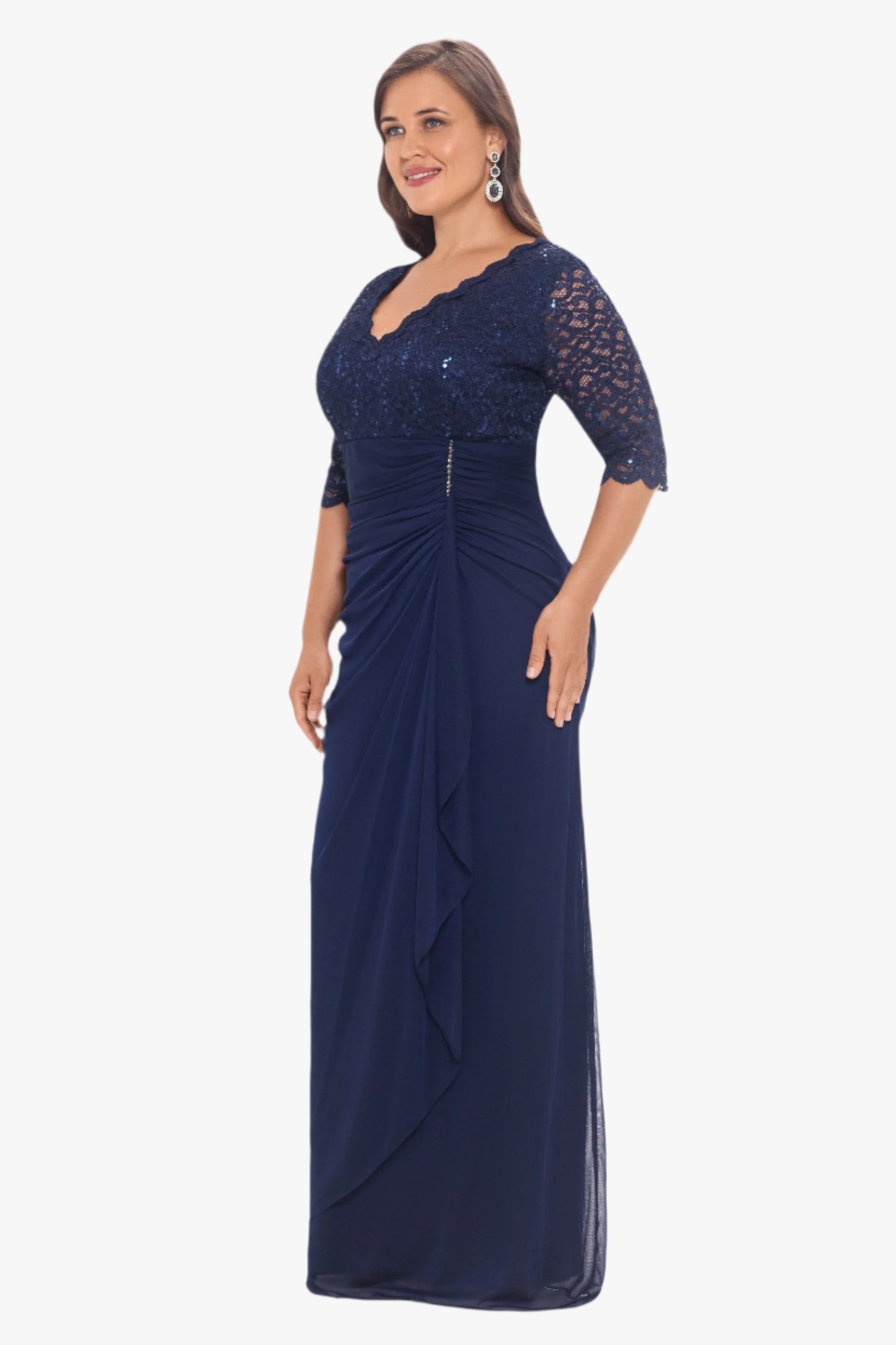 Plus "Johanna" 3/4 Sleeve Sheer Matte Jersey Long Dress