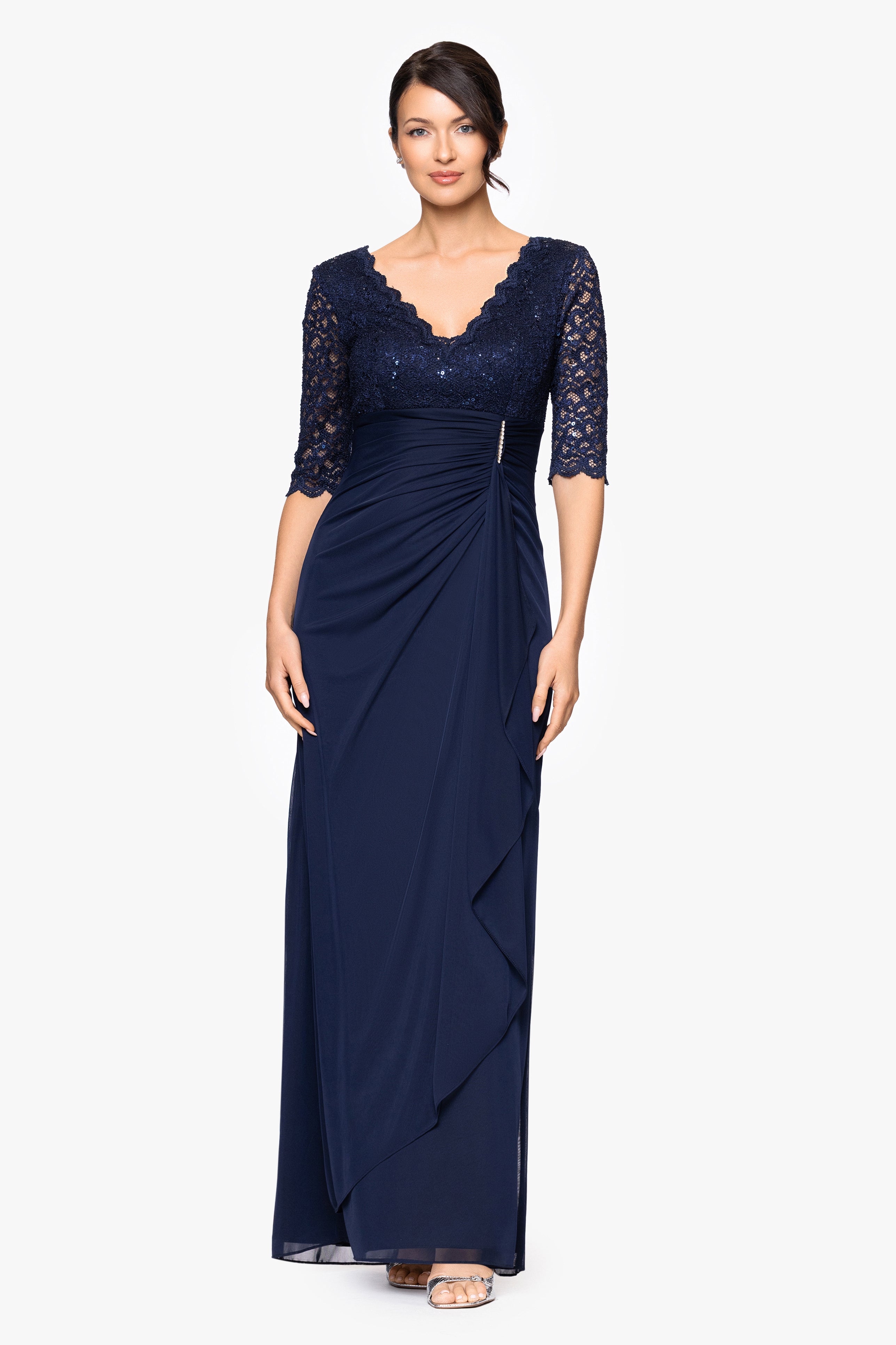 "Johanna" 3/4 Sleeve Sheer Matte Jersey Long Dress