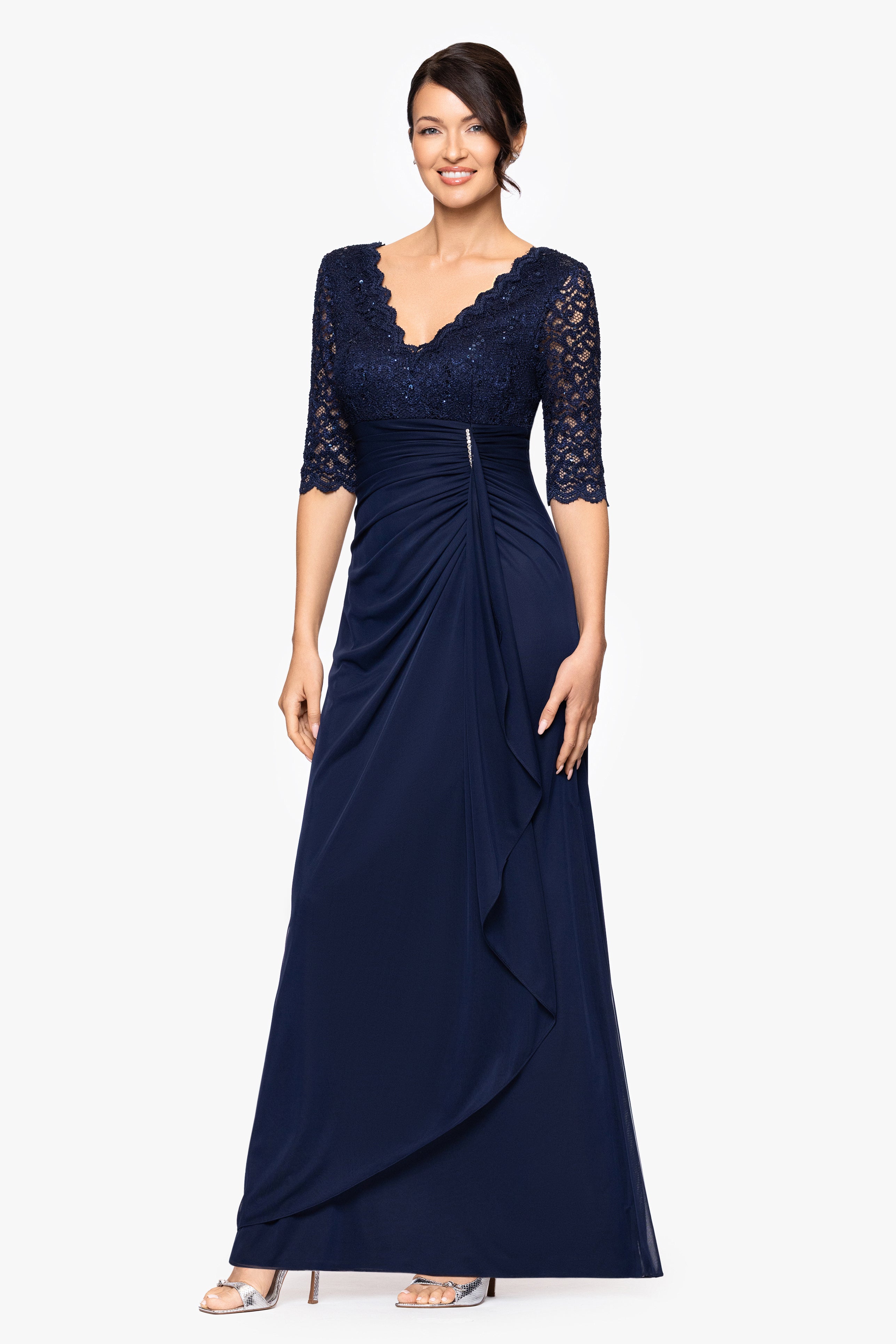 "Johanna" 3/4 Sleeve Sheer Matte Jersey Long Dress