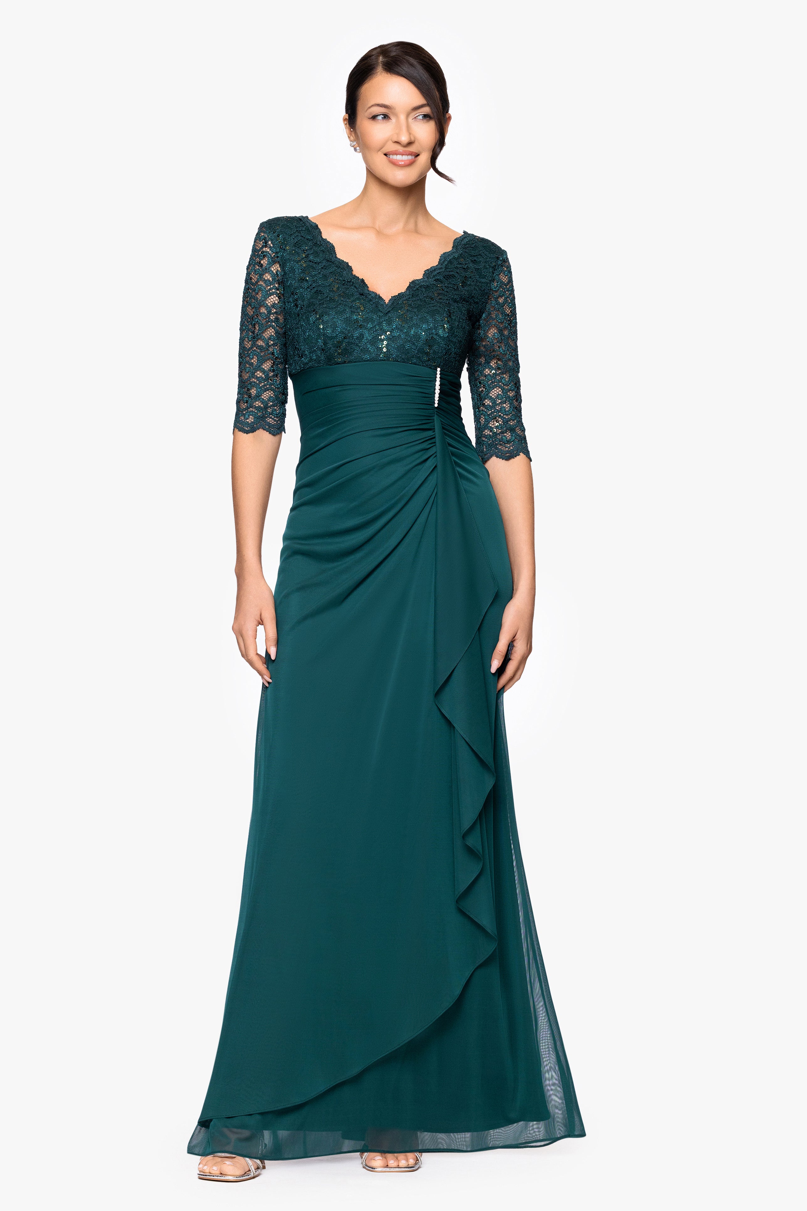 "Johanna" 3/4 Sleeve Sheer Matte Jersey Long Dress