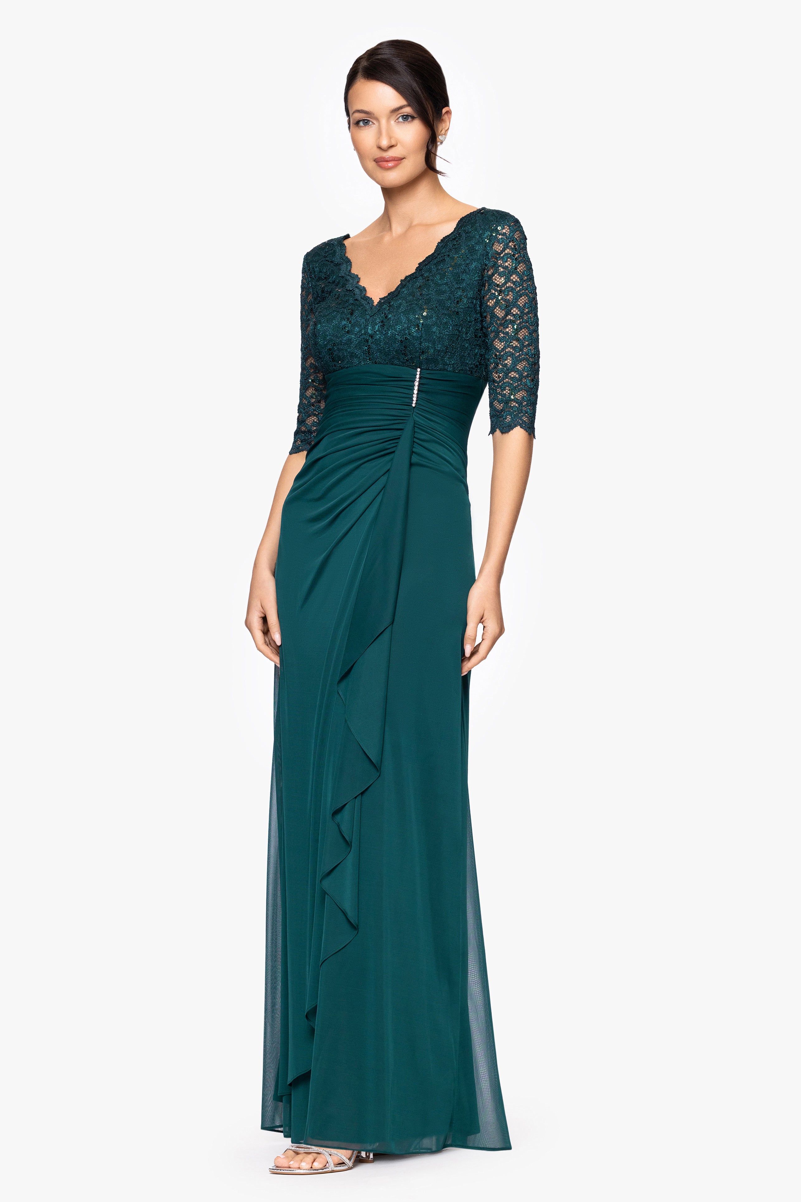 "Johanna" 3/4 Sleeve Sheer Matte Jersey Long Dress