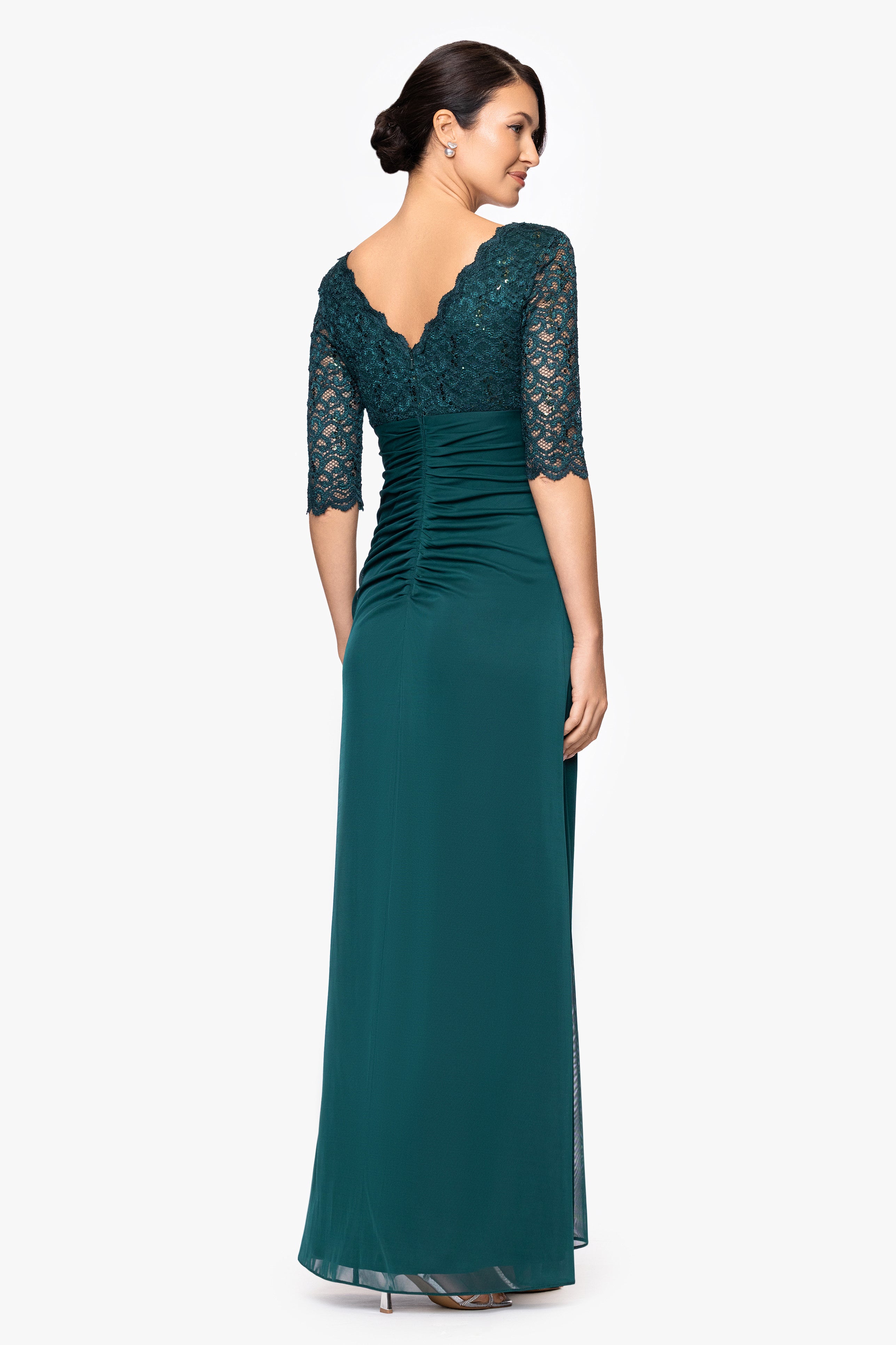 "Johanna" 3/4 Sleeve Sheer Matte Jersey Long Dress