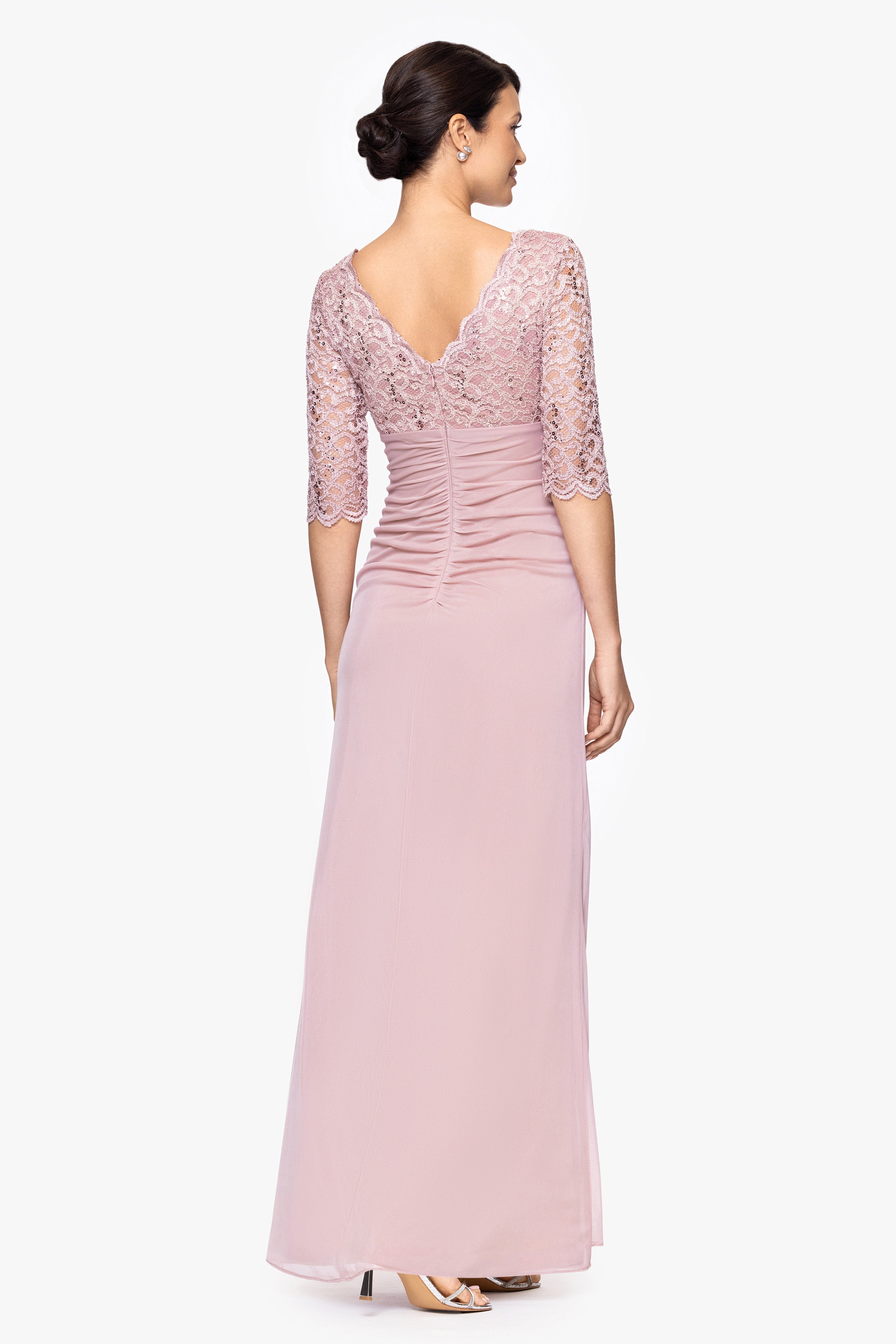 "Johanna" 3/4 Sleeve Sheer Matte Jersey Long Dress