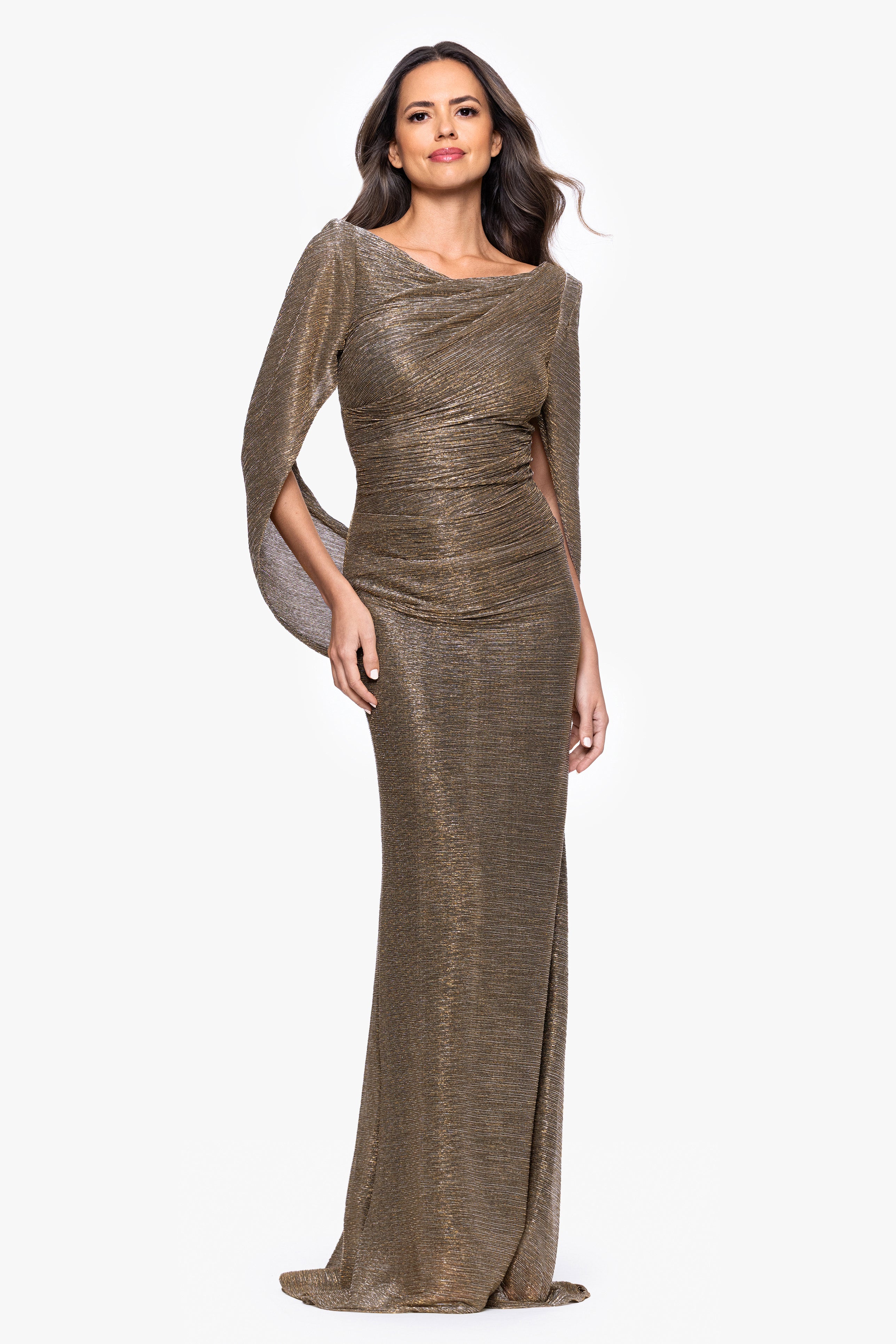 "Kaia" Metallic Crinkle Boat Neck Drape Sleeve Floor Length Dress
