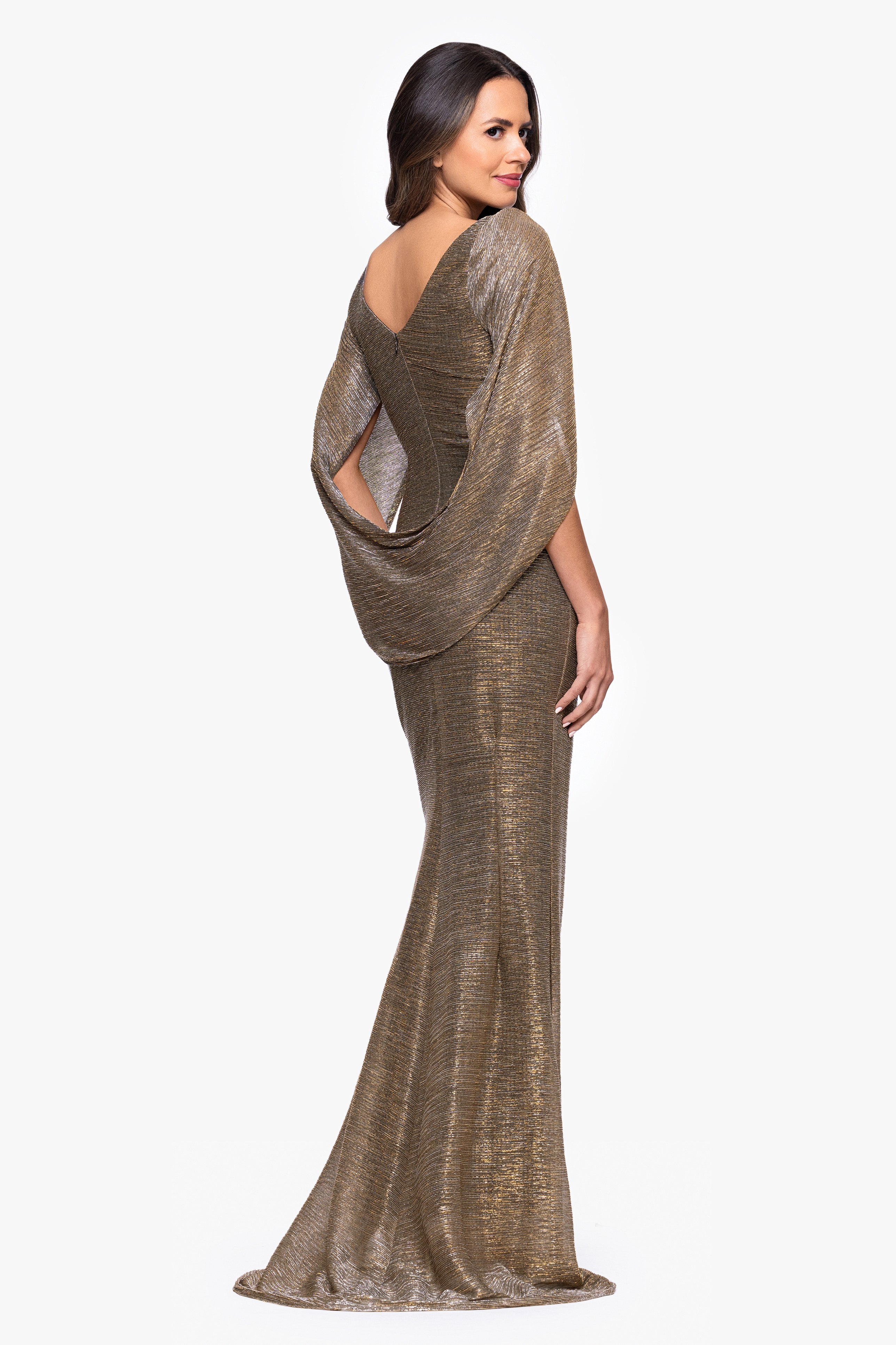 "Kaia" Metallic Crinkle Boat Neck Drape Sleeve Floor Length Dress