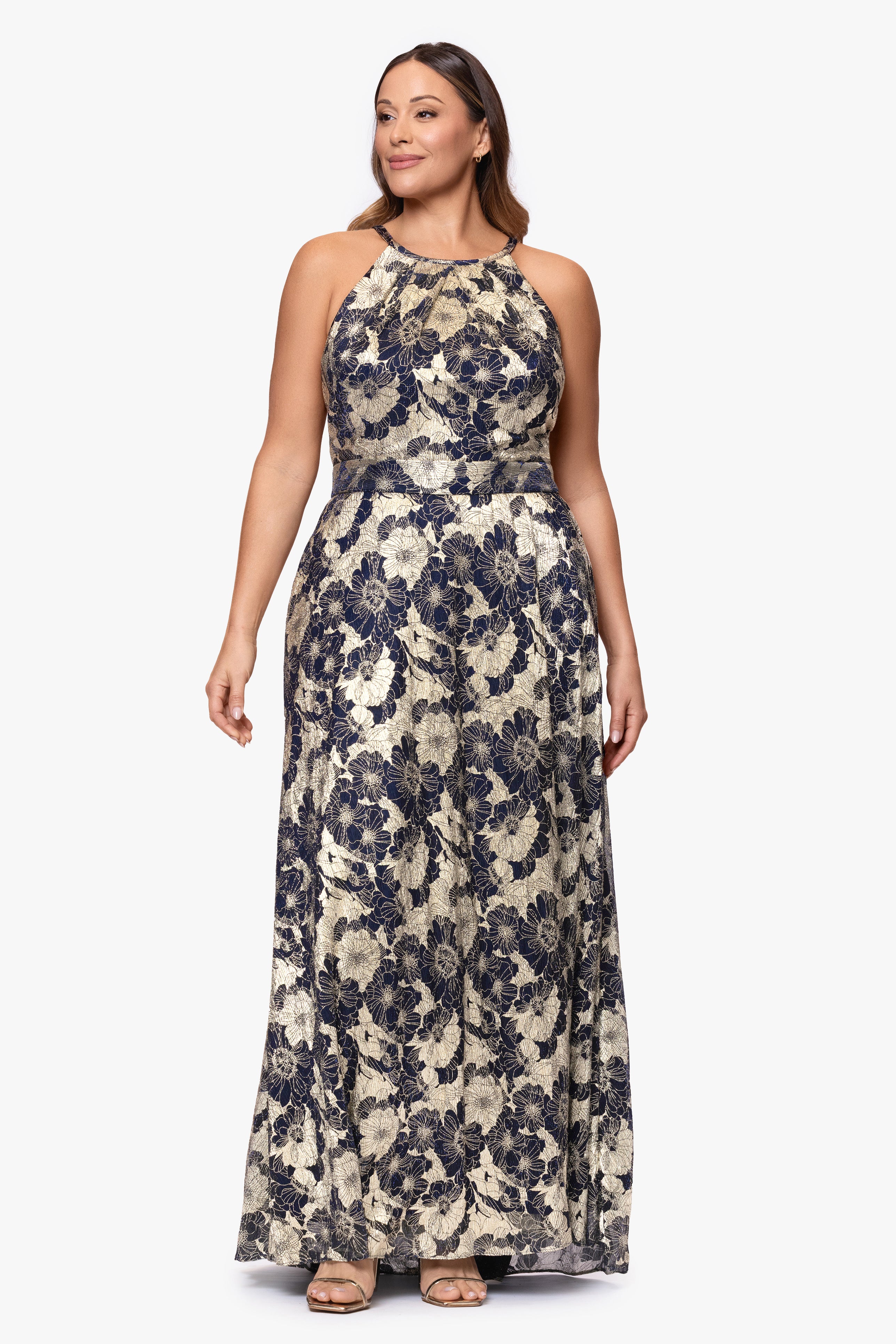 Plus "Layla" Long Halter Top Wrap Foil Print Dress