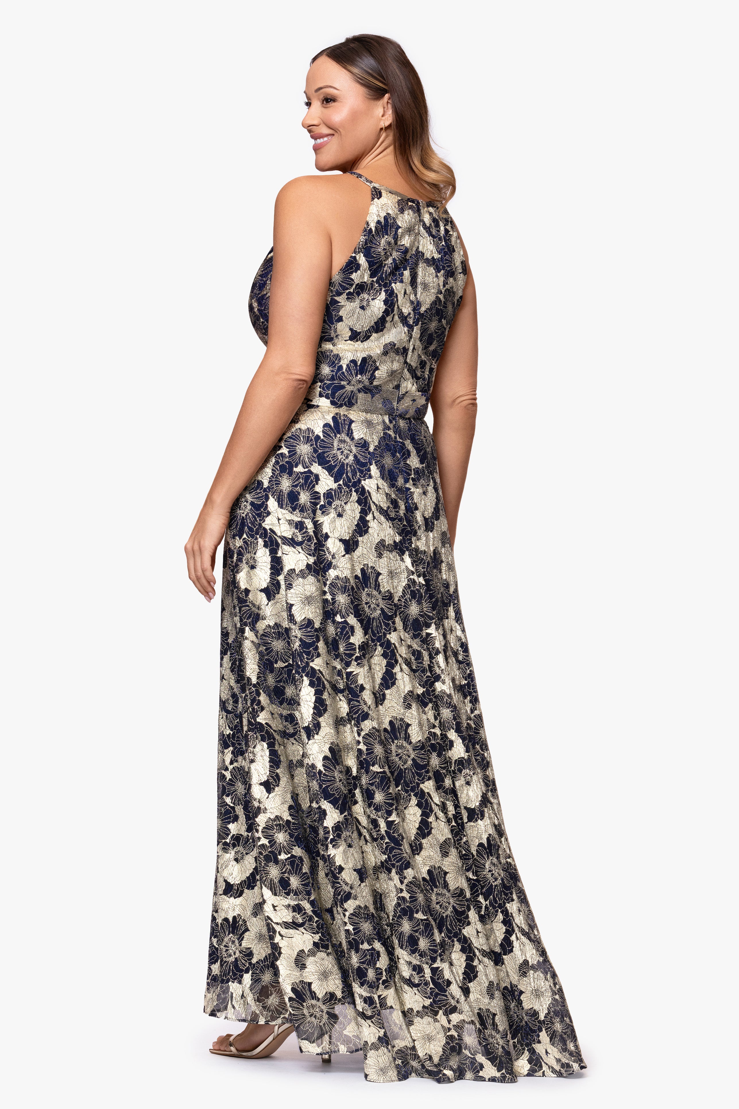 Plus "Layla" Long Halter Top Wrap Foil Print Dress