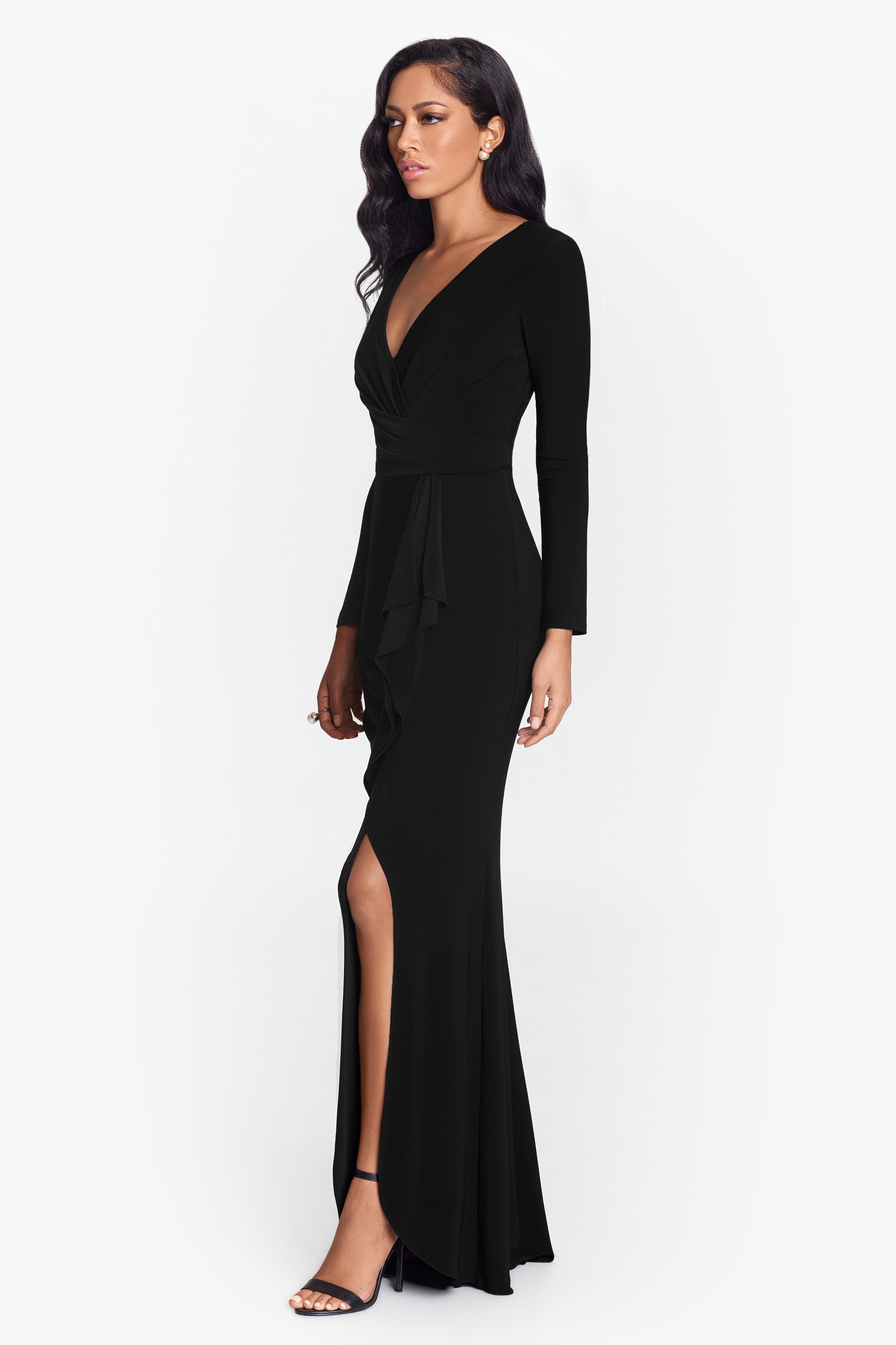 "Elle" Long Sleeve Side Ruffled Slit Gown