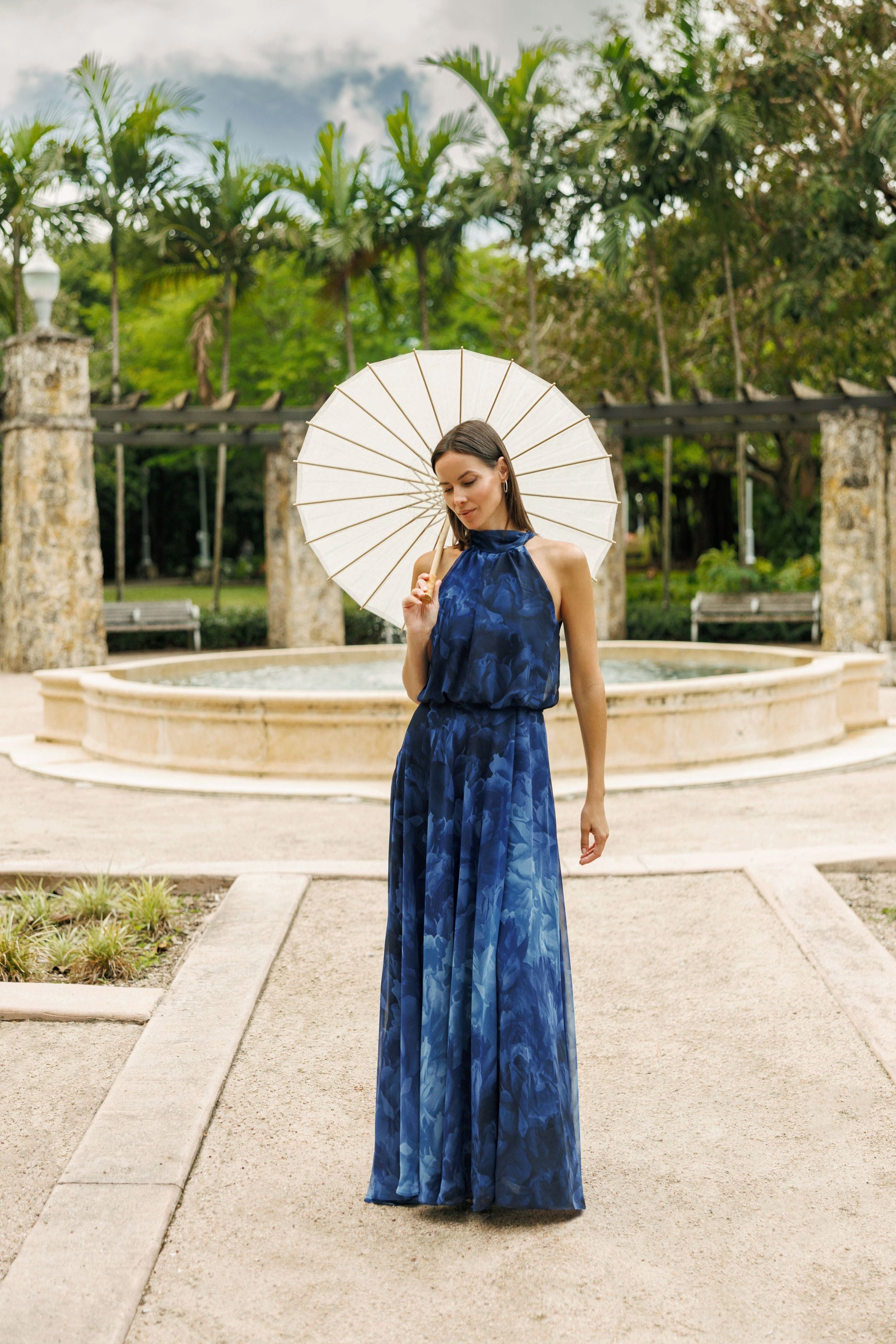 "Tami" Chiffon Print High Halter Neck Gown