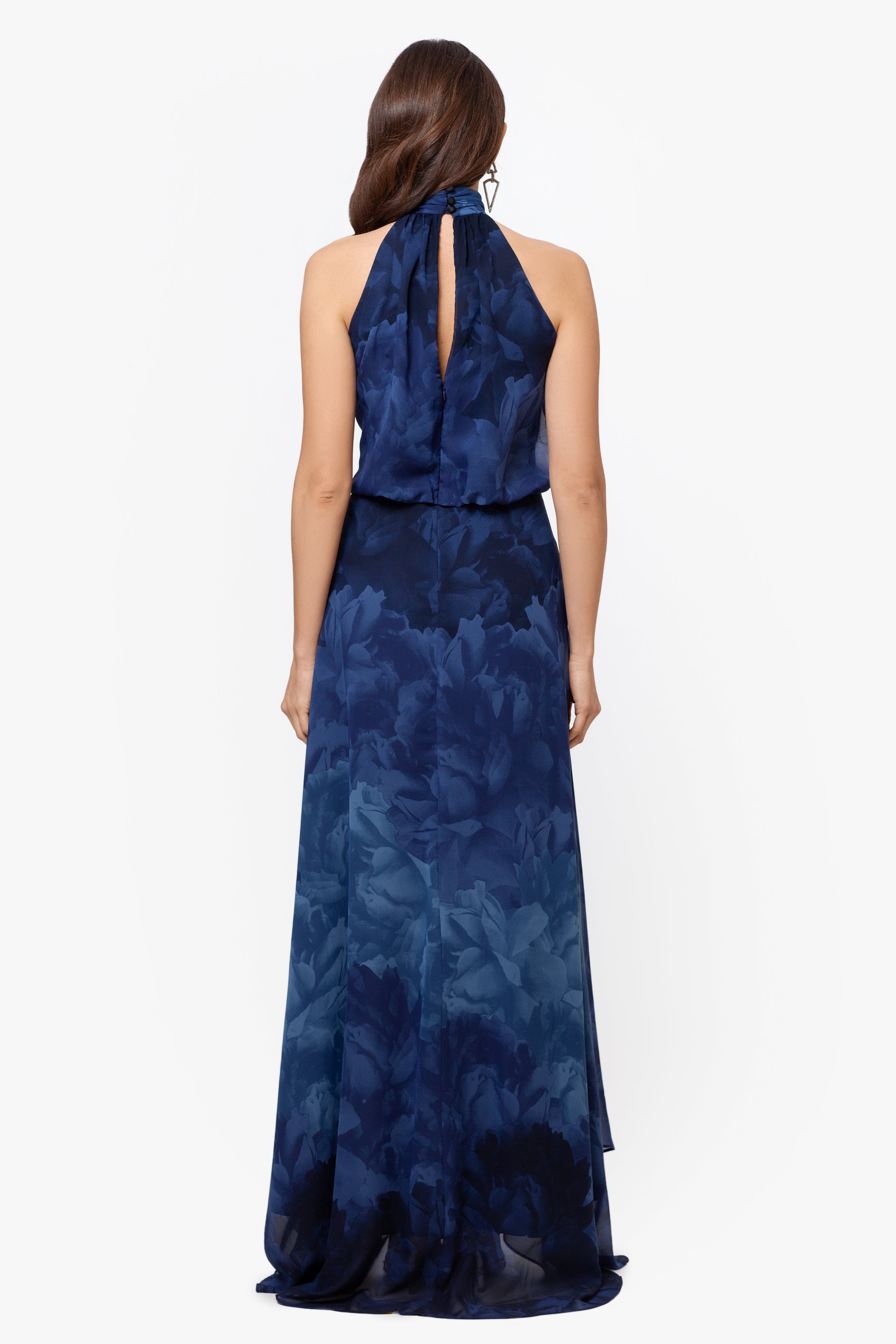 Petite "Tami" Chiffon Print High Halter Neck Gown