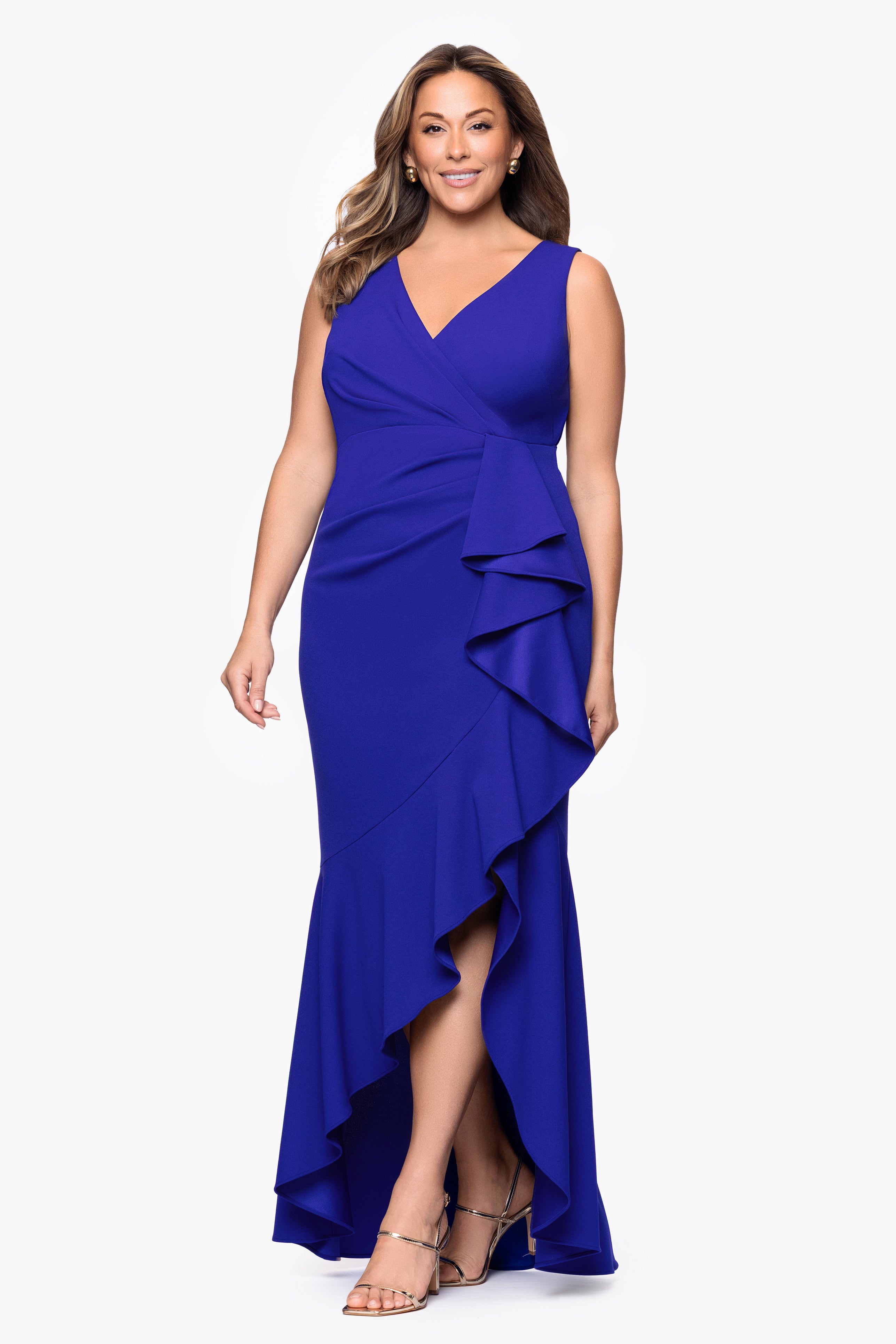 Plus "Candace" Long V- Neck Hi Low Cascade Dress