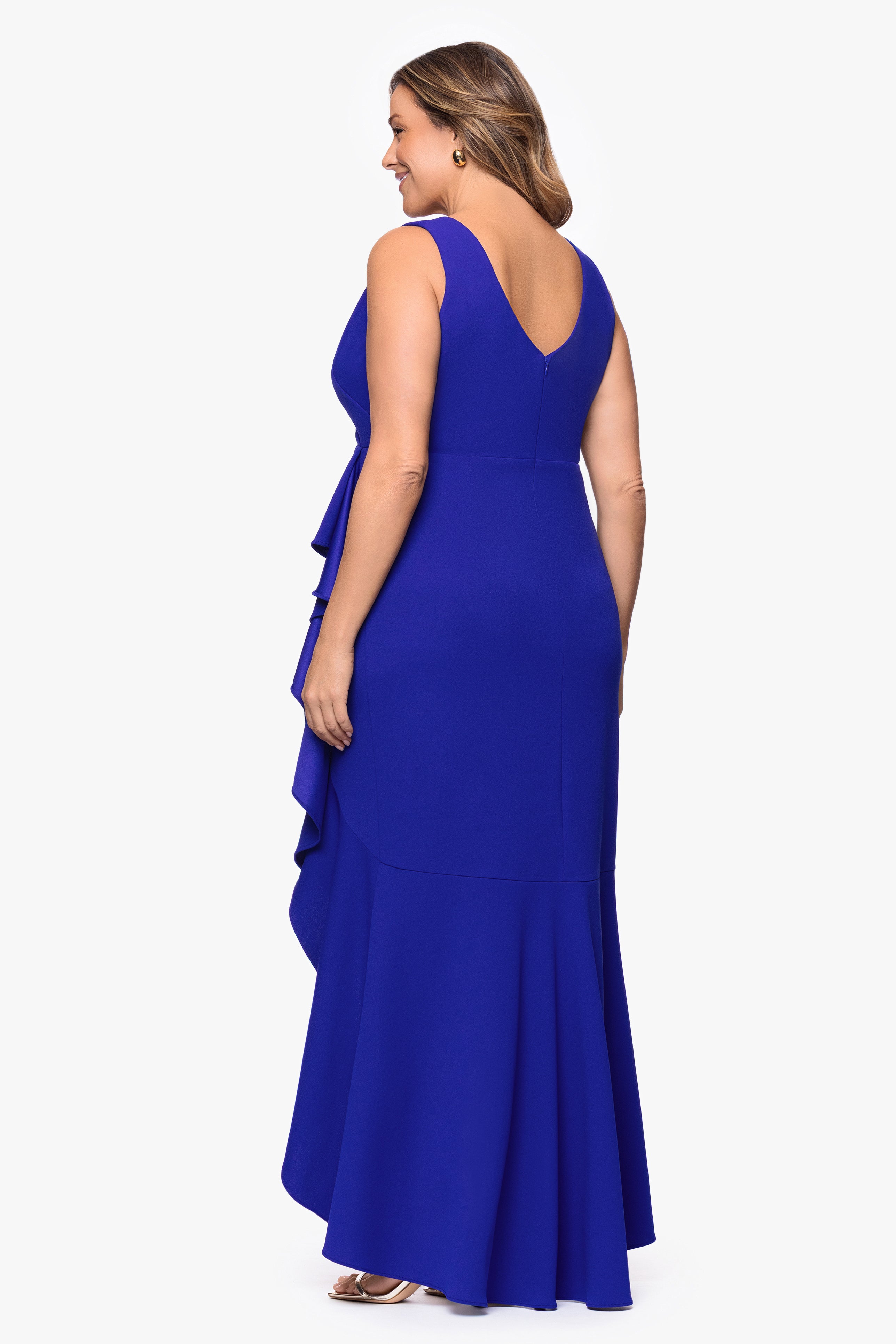 Plus "Candace" Long V- Neck Hi Low Cascade Dress