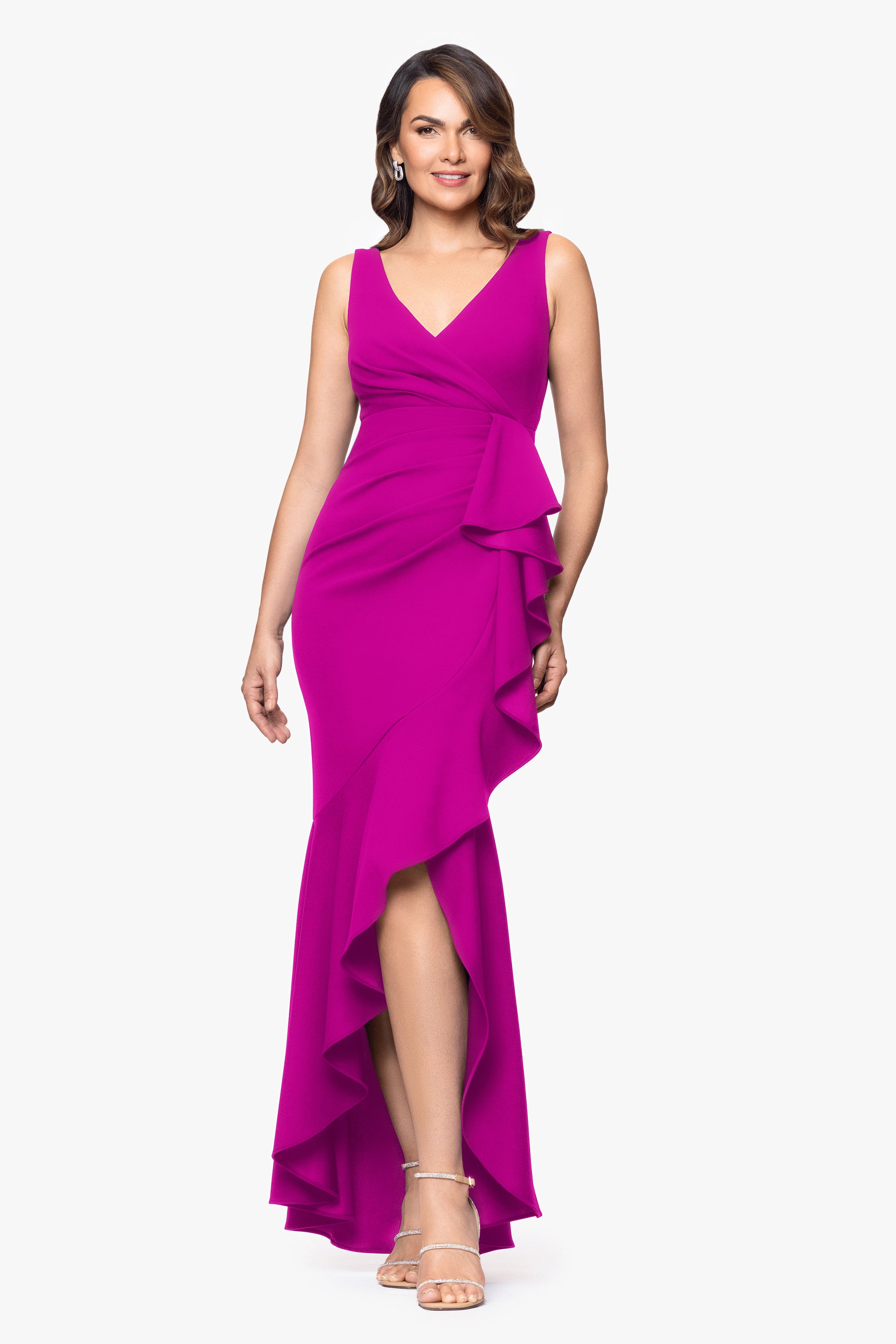 "Candace" Long V- Neck Hi Low Cascade Dress