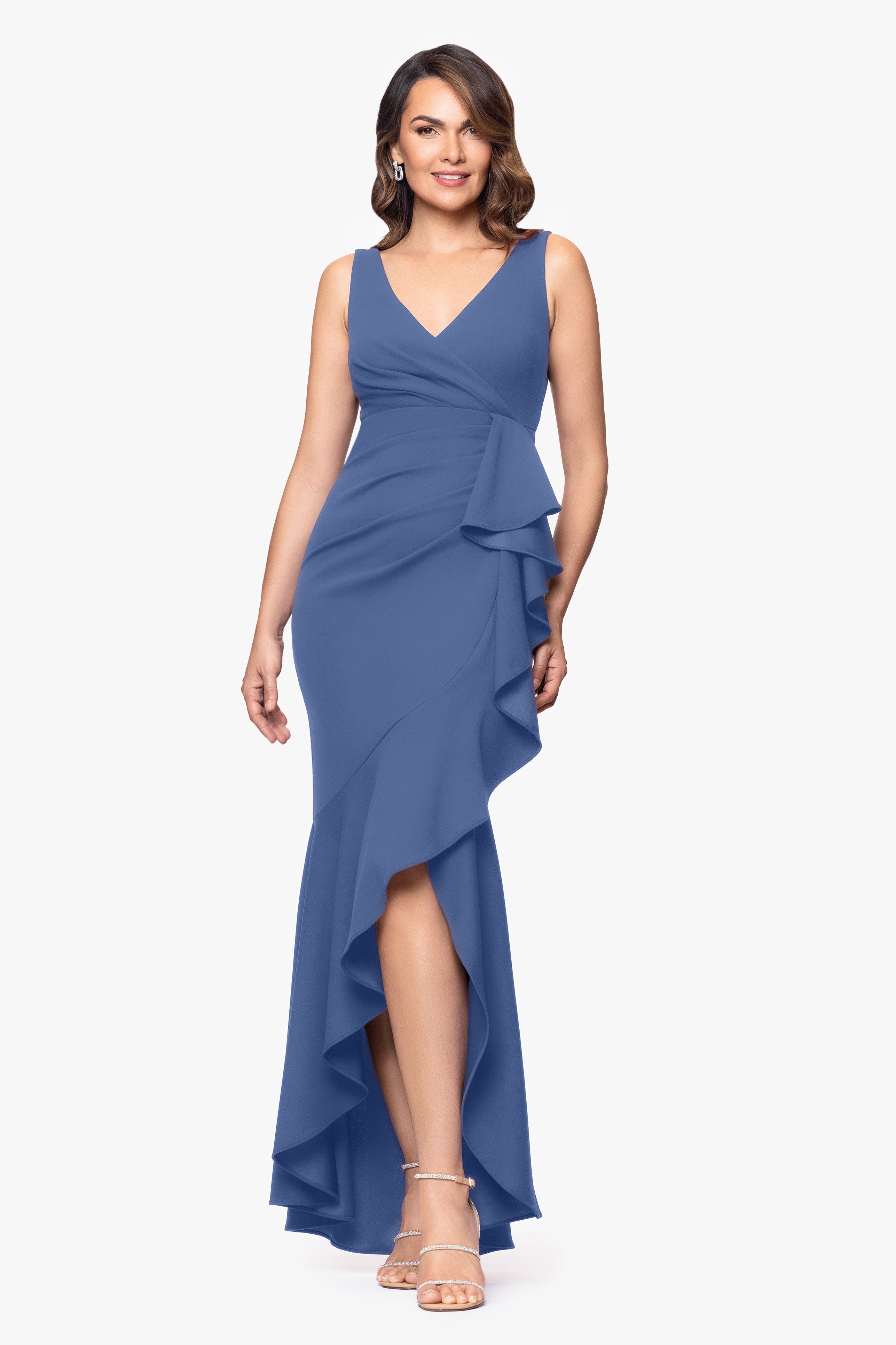 Petite "Candace" Long V- Neck Hi Low Cascade Dress