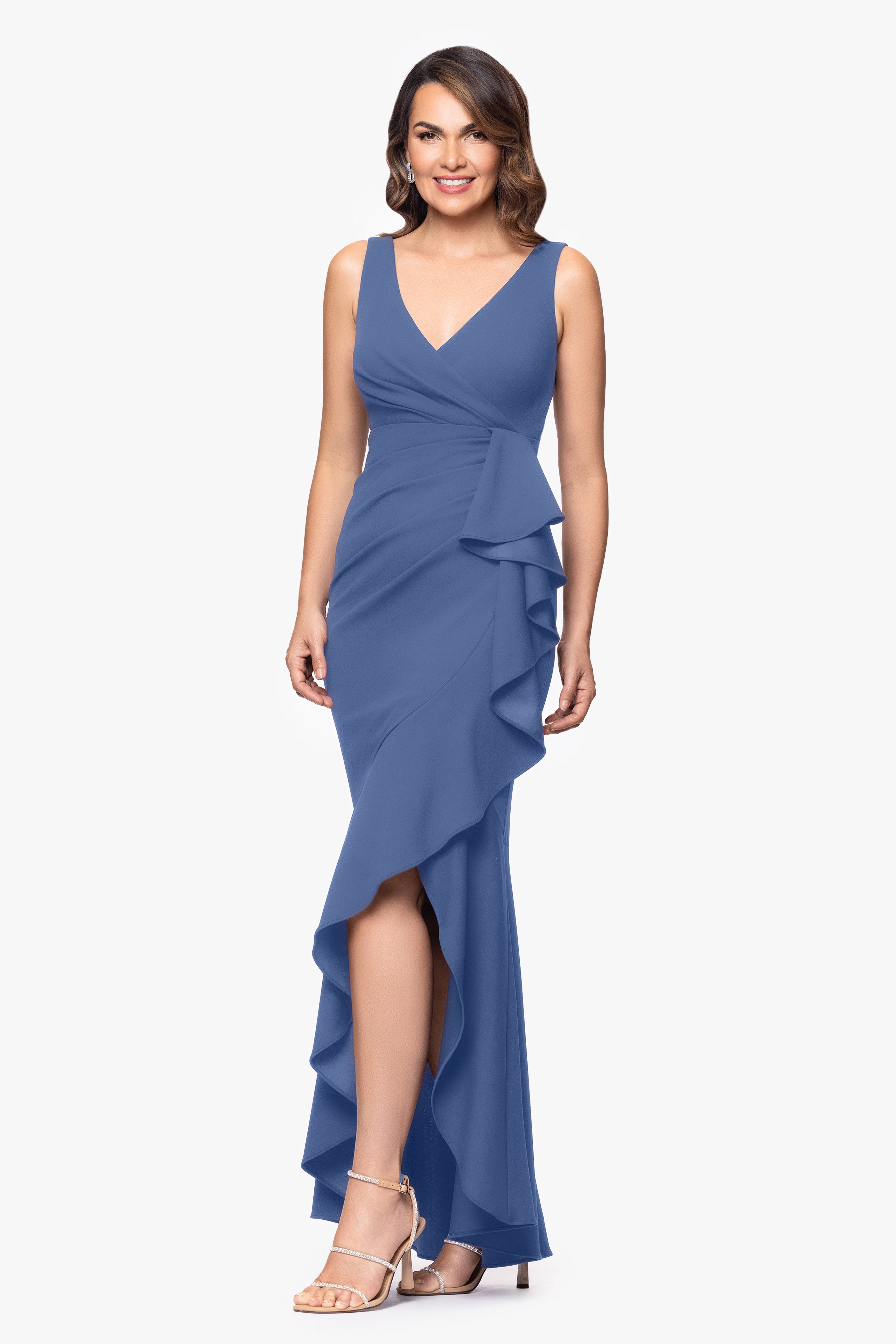 Petite "Candace" Long V- Neck Hi Low Cascade Dress