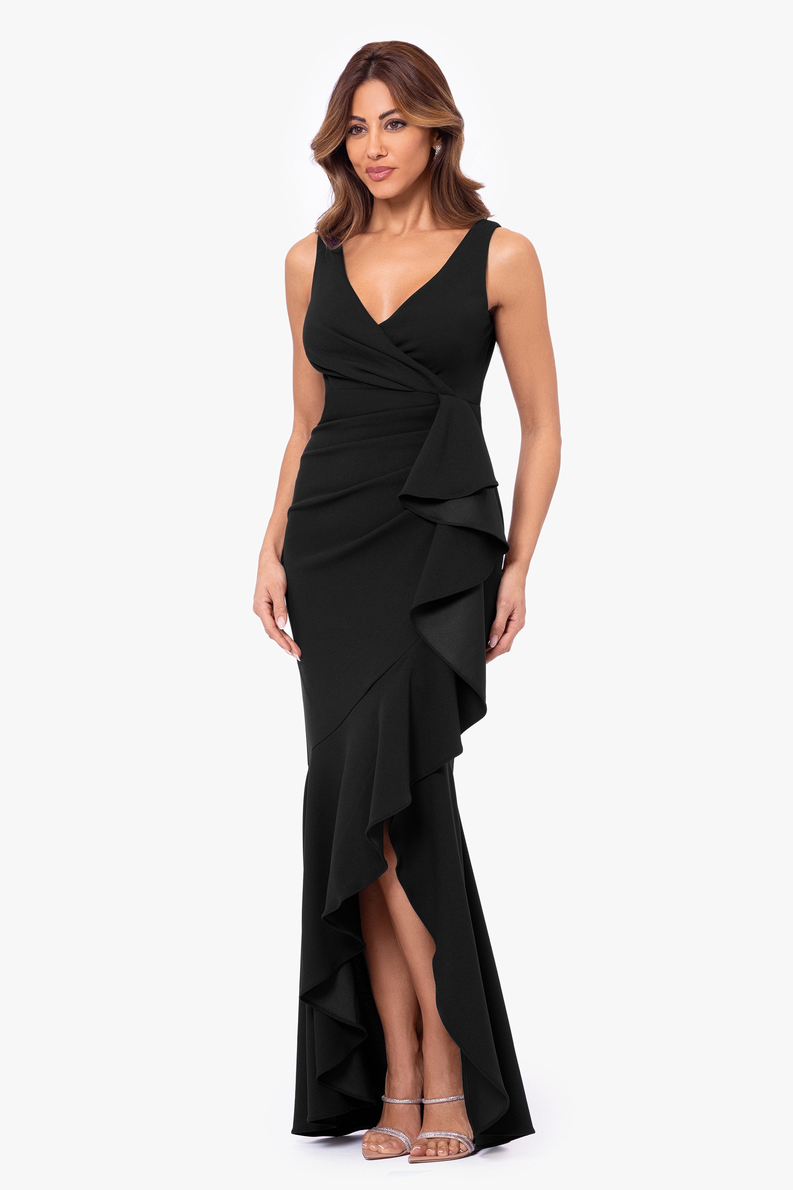 Petite "Candace" Long V- Neck Hi Low Cascade Dress