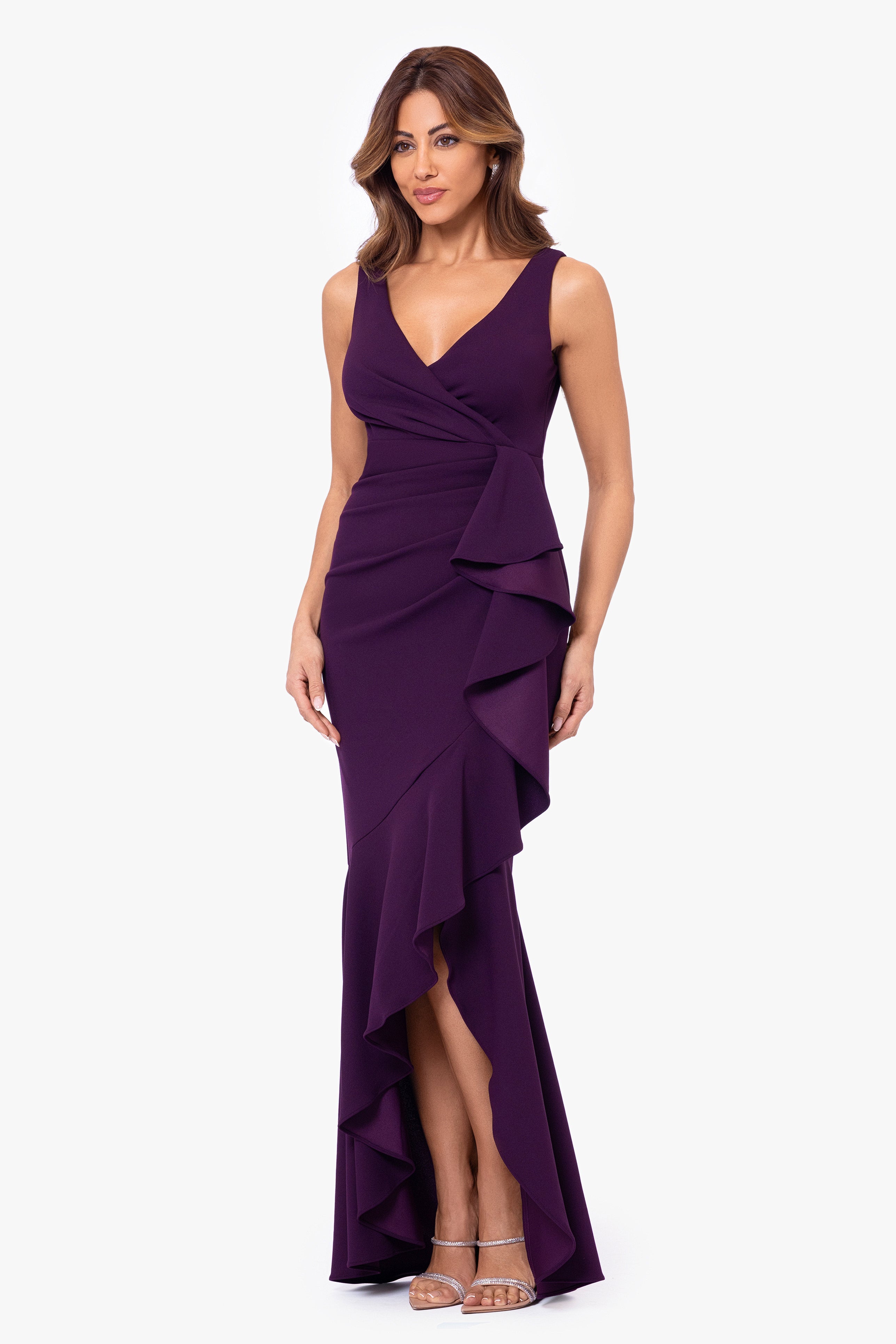 Petite Candace V-neck hi-low cascade dress in mulberry, three-quarter view.