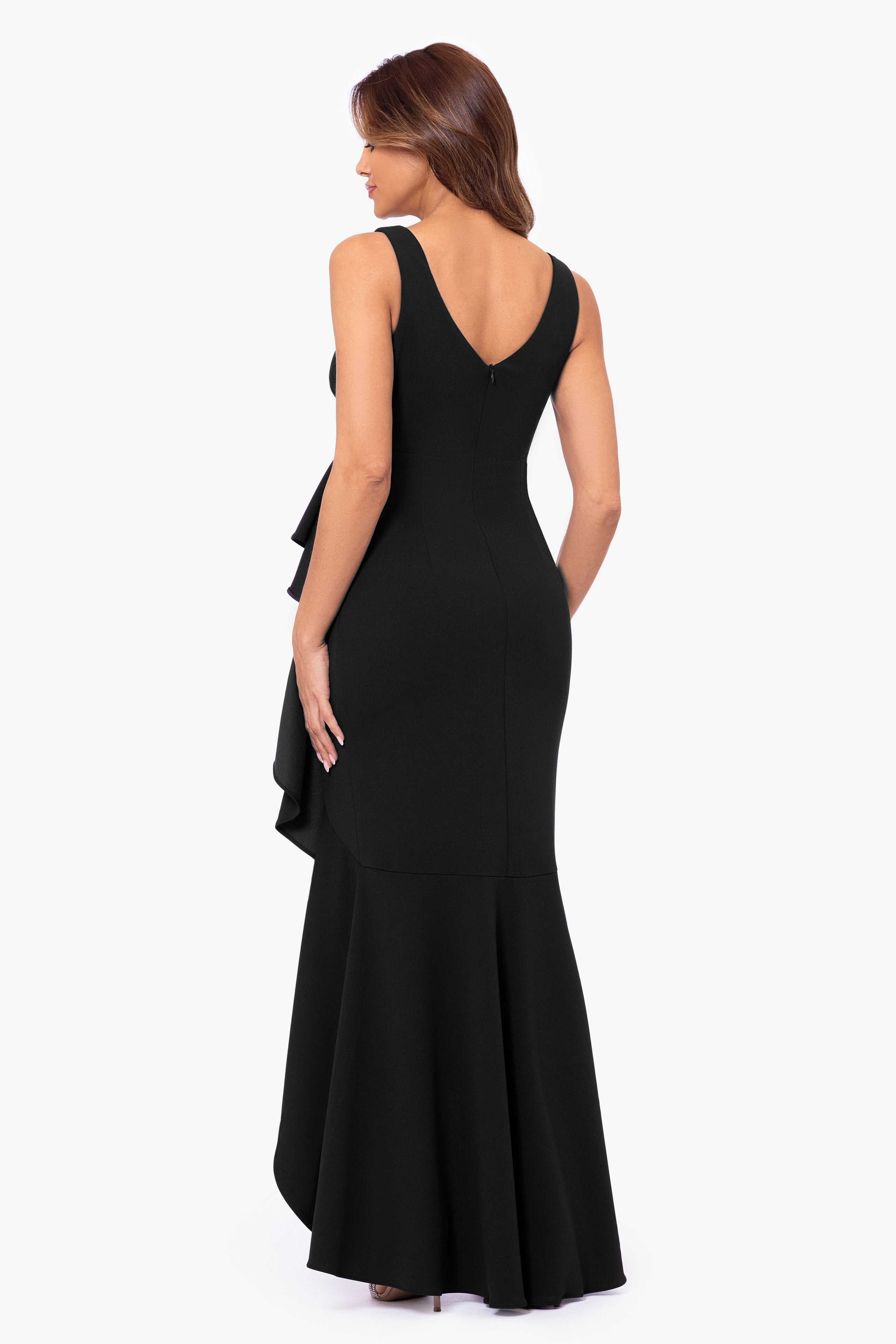 Petite "Candace" Long V- Neck Hi Low Cascade Dress
