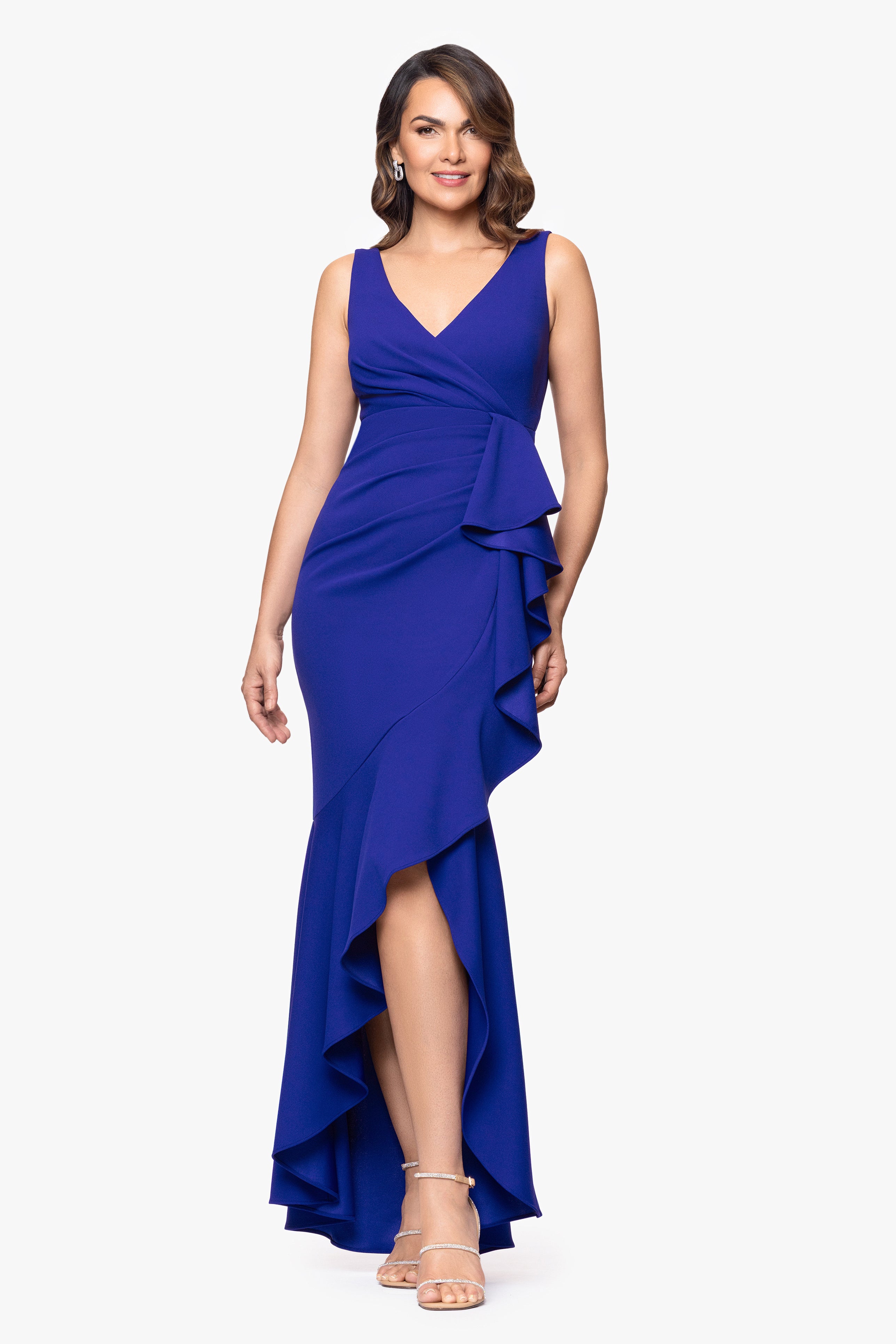 "Candace" Long V- Neck Hi Low Cascade Dress