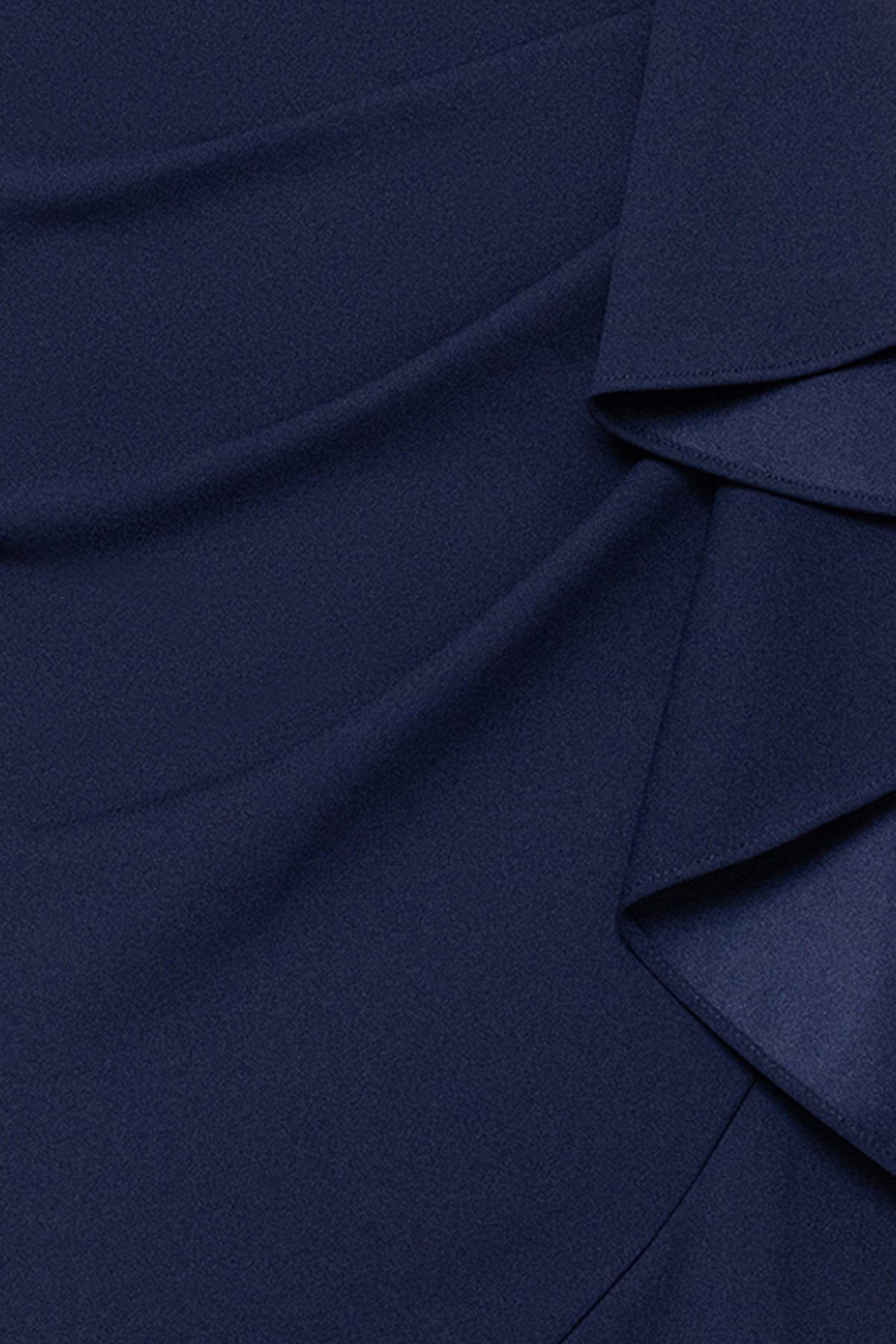 Navy “Candace” V-Neck Hi Low Cascade Dress, scuba crepe fabric and ruching detail