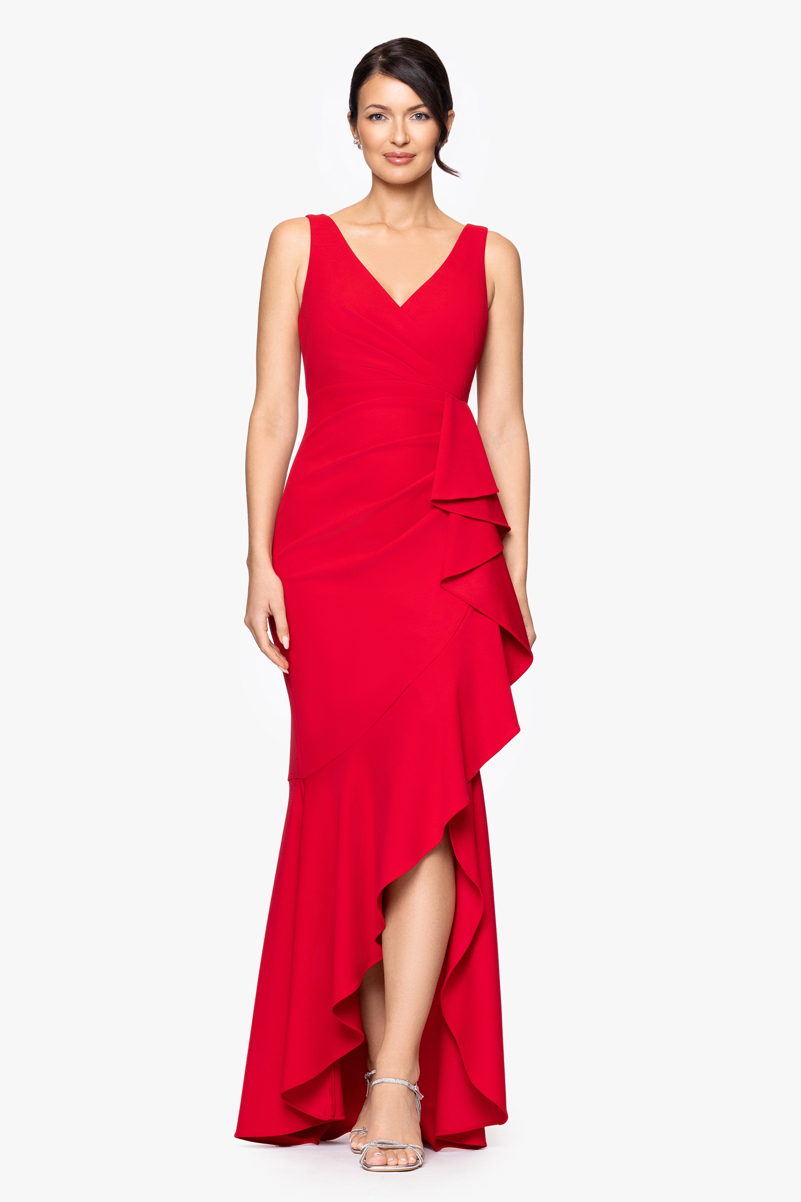 "Candace" Long V- Neck Hi Low Cascade Dress