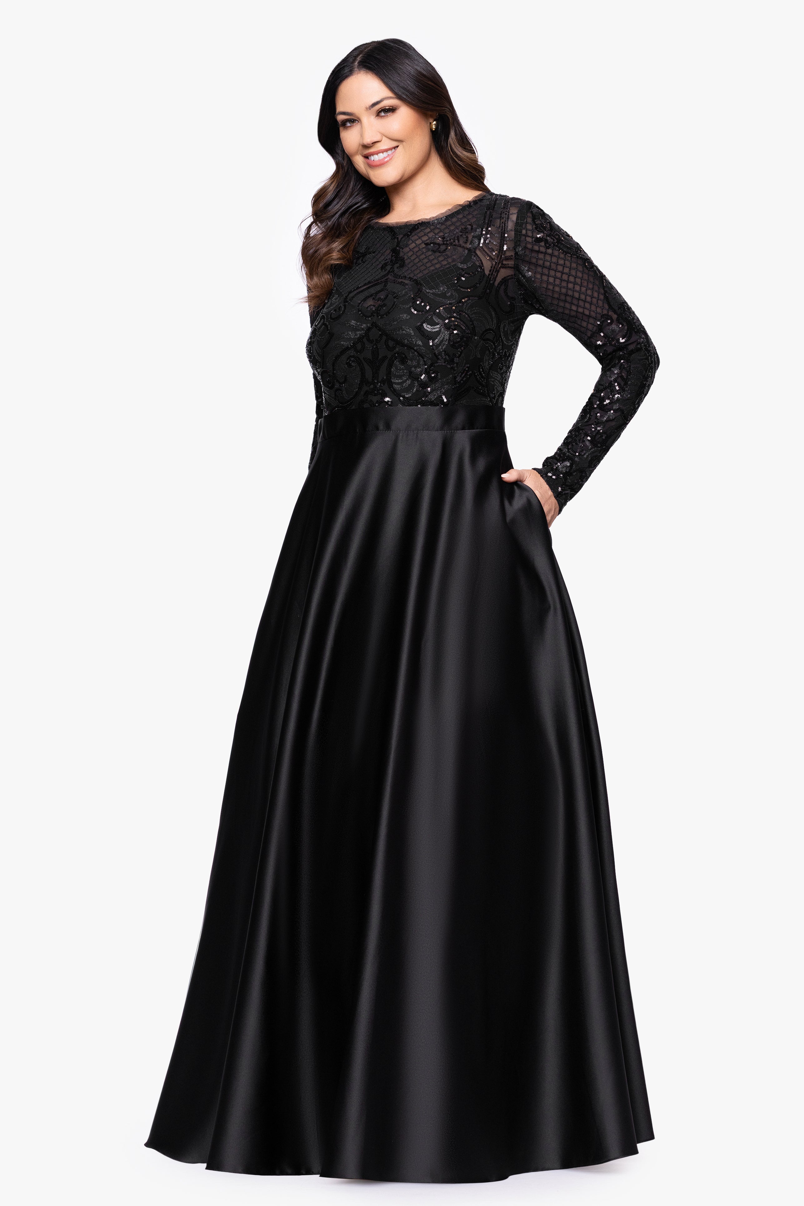 Plus "Vanessa" Sequin Long Sleeve A-Line Ballgown